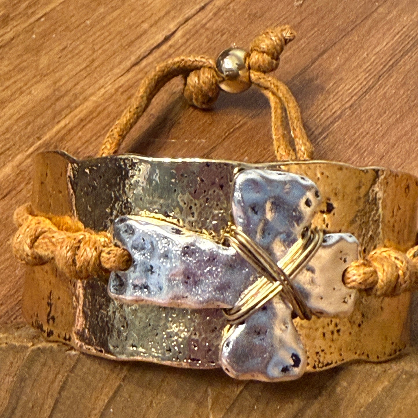 Cross Rustic Western Hammered Metal Cuff Bracelet With Large Cross Rope