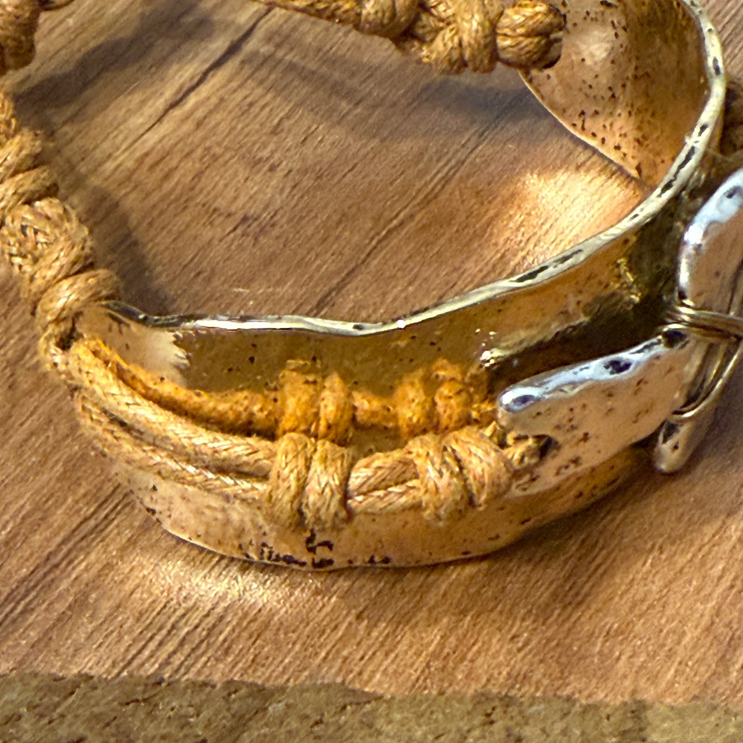 Cross Rustic Western Hammered Metal Cuff Bracelet With Large Cross Rope