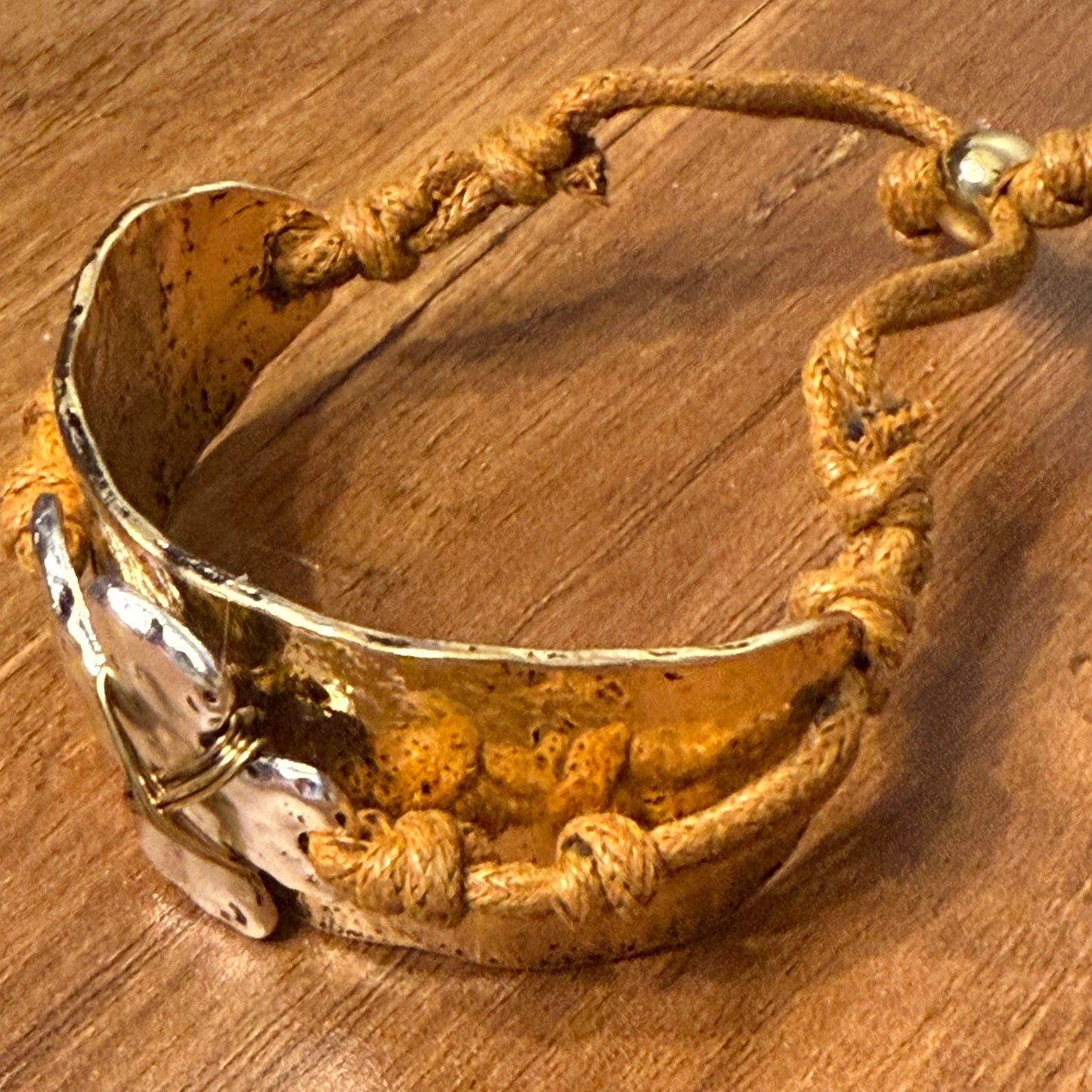 Cross Rustic Western Hammered Metal Cuff Bracelet With Large Cross Rope