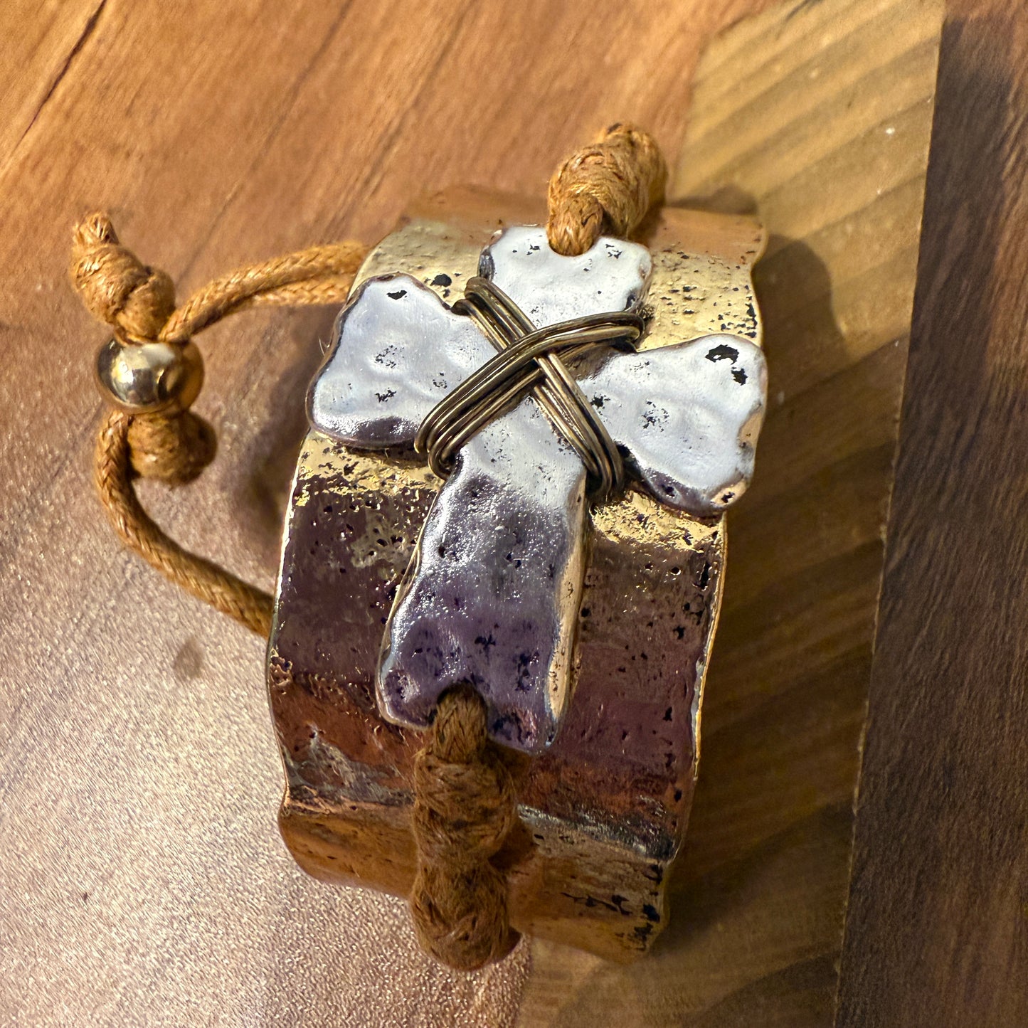 Cross Rustic Western Hammered Metal Cuff Bracelet With Large Cross Rope
