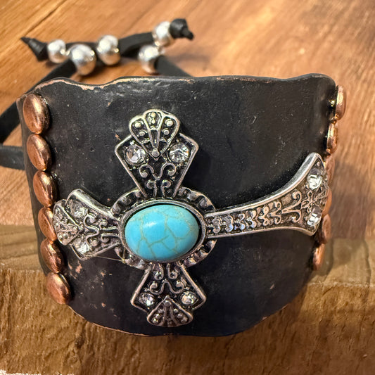 Cross Turquoise Rhinestone Beaded Western Bracelet Cuff With Adjustable Leather Straps In Patina Turquoise Blue And Dark Brown