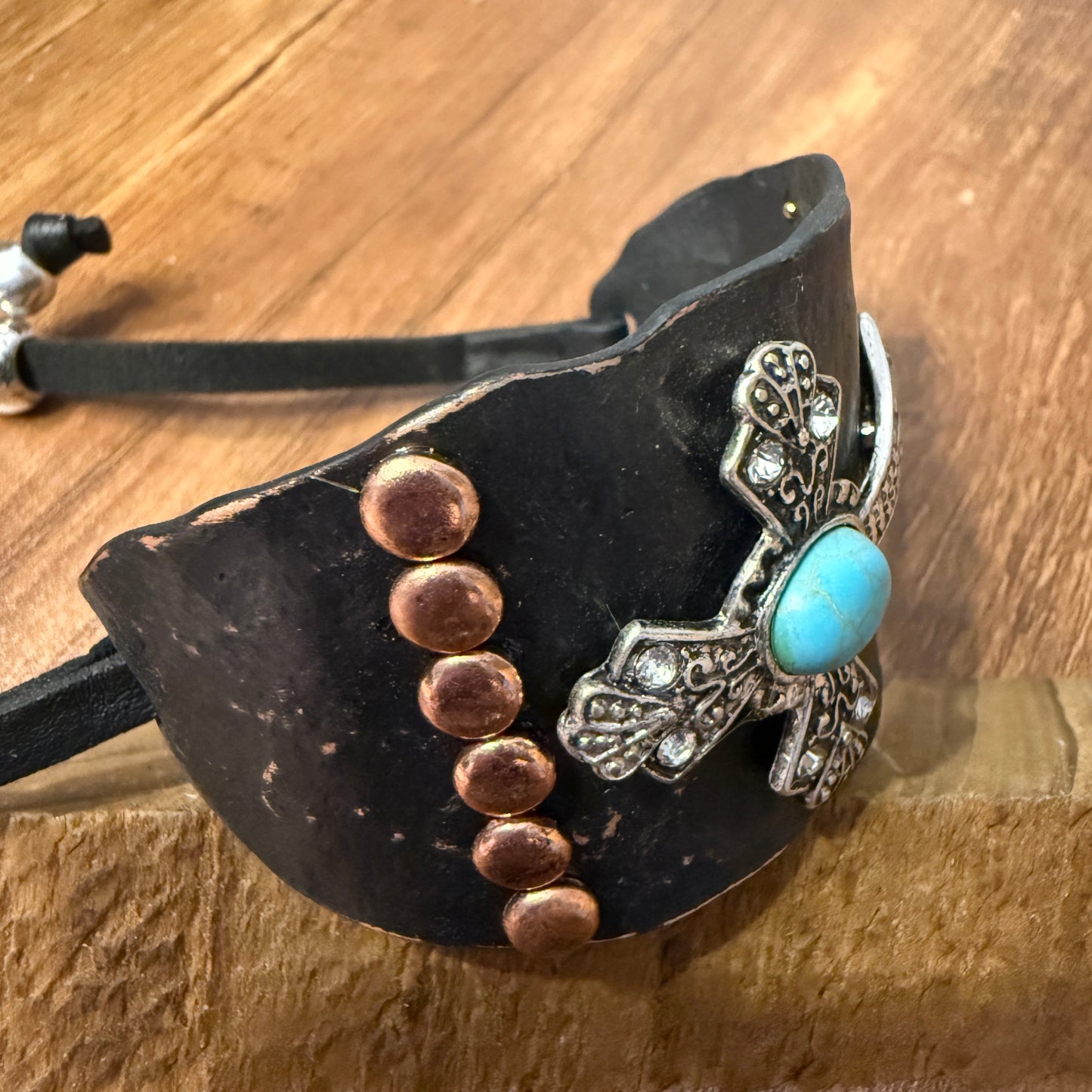 Cross Turquoise Rhinestone Beaded Western Bracelet Cuff With Adjustable Leather Straps In Patina Turquoise Blue And Dark Brown