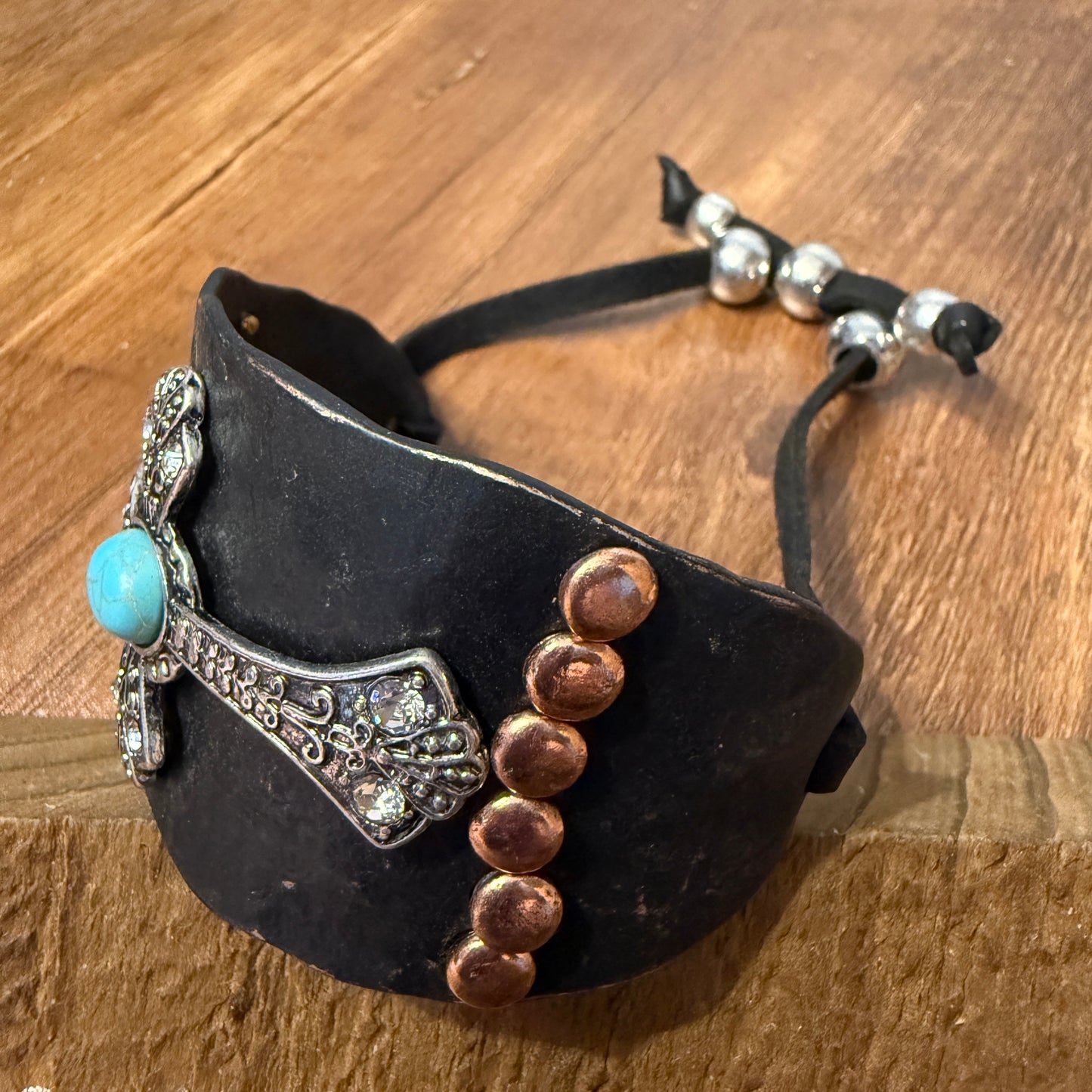 Cross Turquoise Rhinestone Beaded Western Bracelet Cuff With Adjustable Leather Straps In Patina Turquoise Blue And Dark Brown