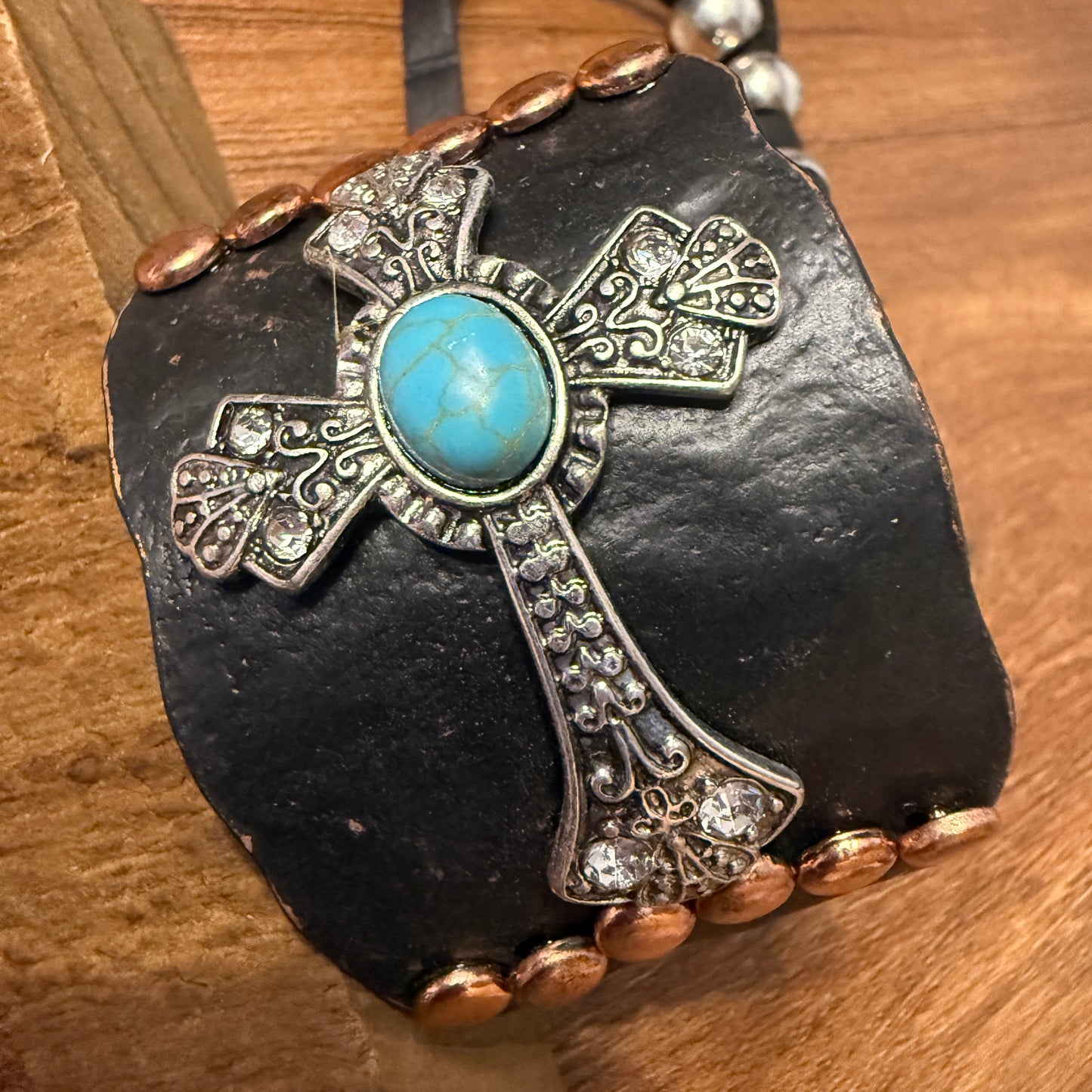 Cross Turquoise Rhinestone Beaded Western Bracelet Cuff With Adjustable Leather Straps In Patina Turquoise Blue And Dark Brown