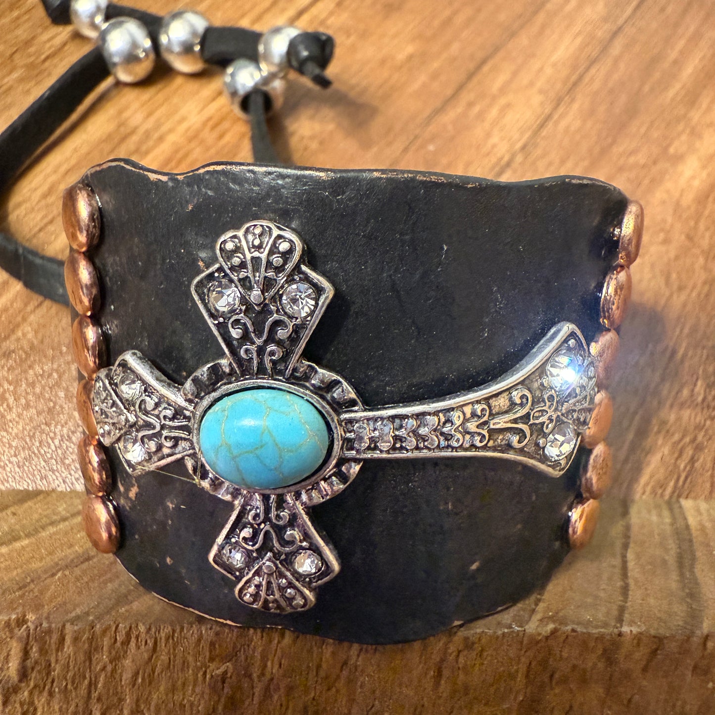Cross Turquoise Rhinestone Beaded Western Bracelet Cuff With Adjustable Leather Straps In Patina Turquoise Blue And Dark Brown