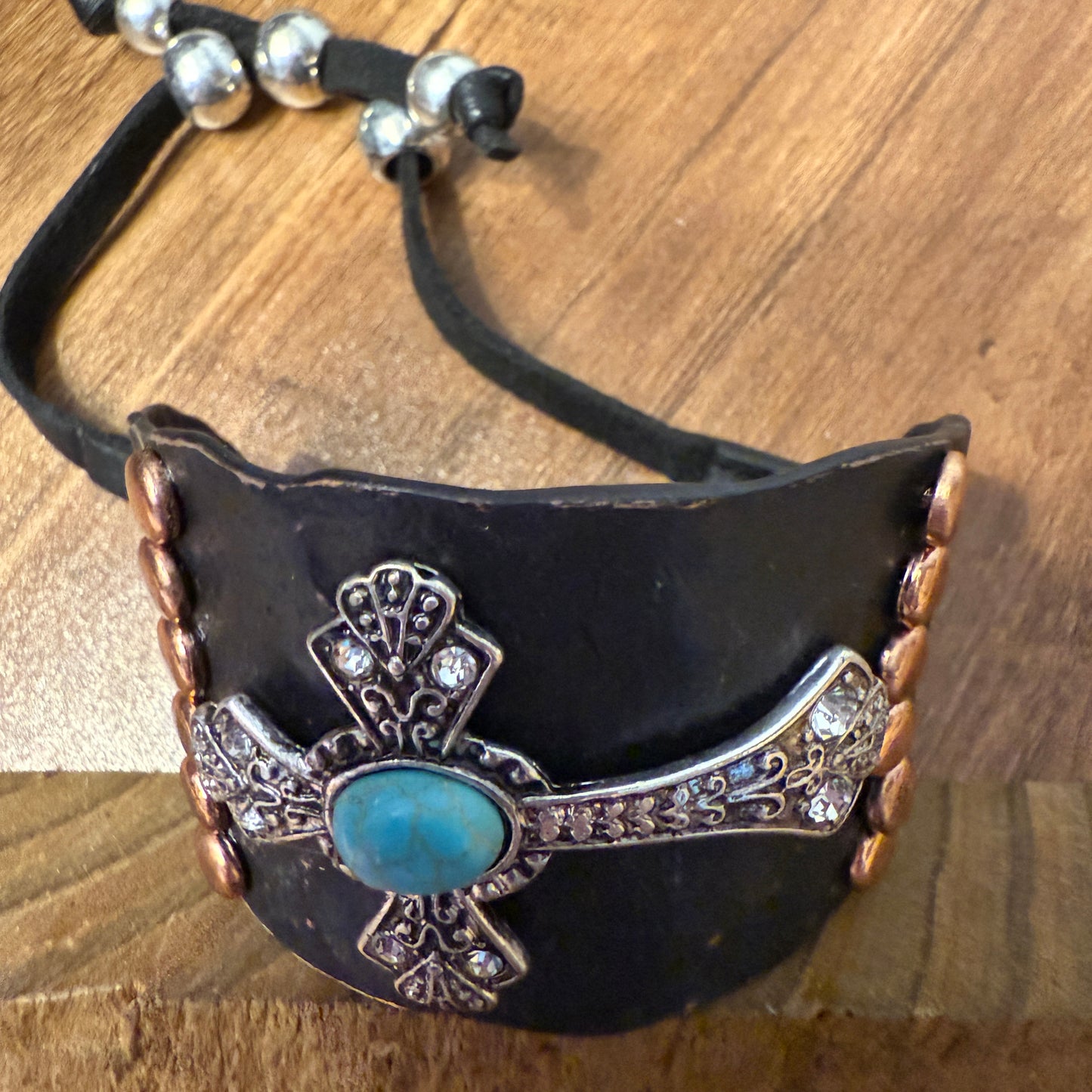 Cross Turquoise Rhinestone Beaded Western Bracelet Cuff With Adjustable Leather Straps In Patina Turquoise Blue And Dark Brown
