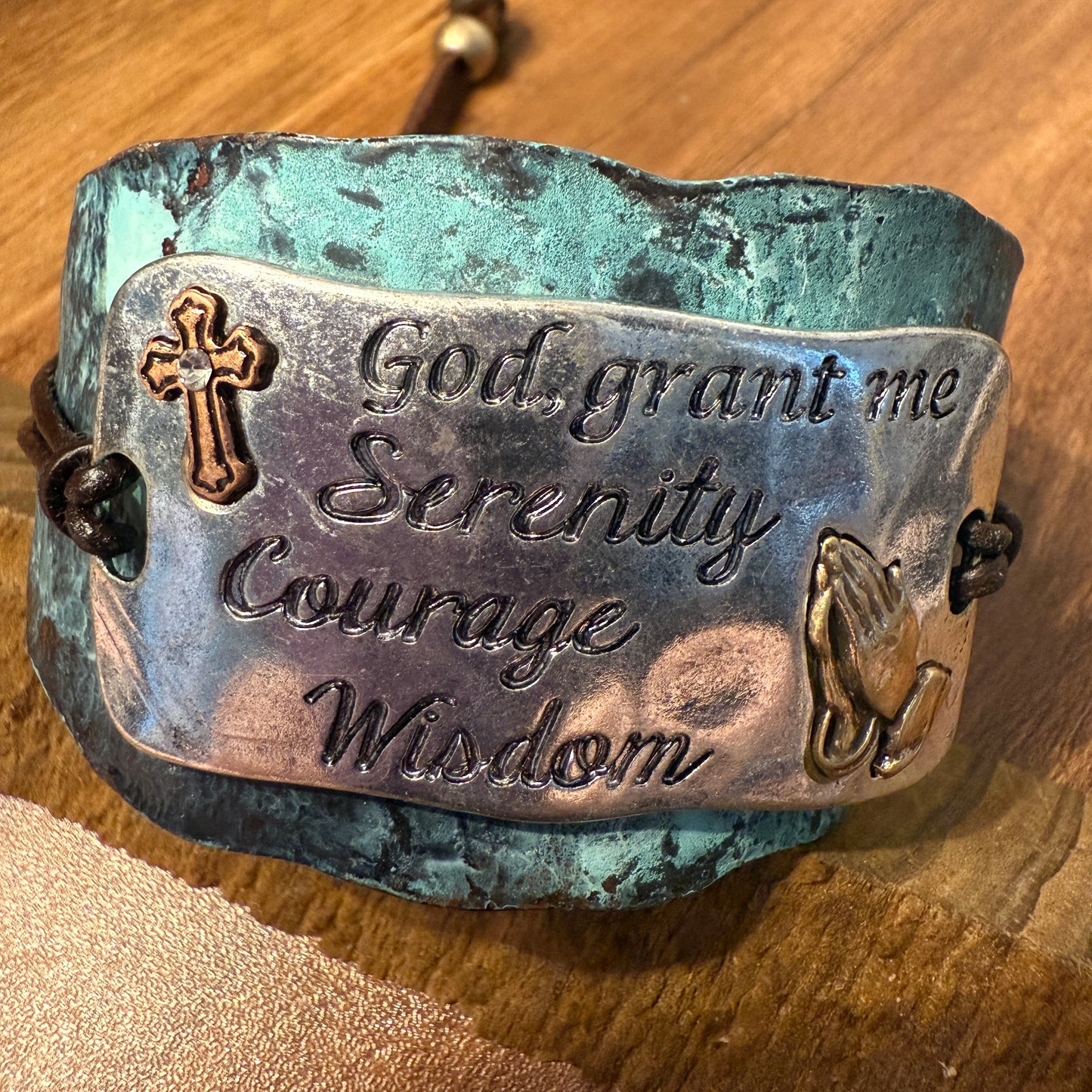 Serenity Prayer Bracelet Cuff in Patina with Copper Cross and Gold Praying Gesture on Silver Plate Leather Adjustable