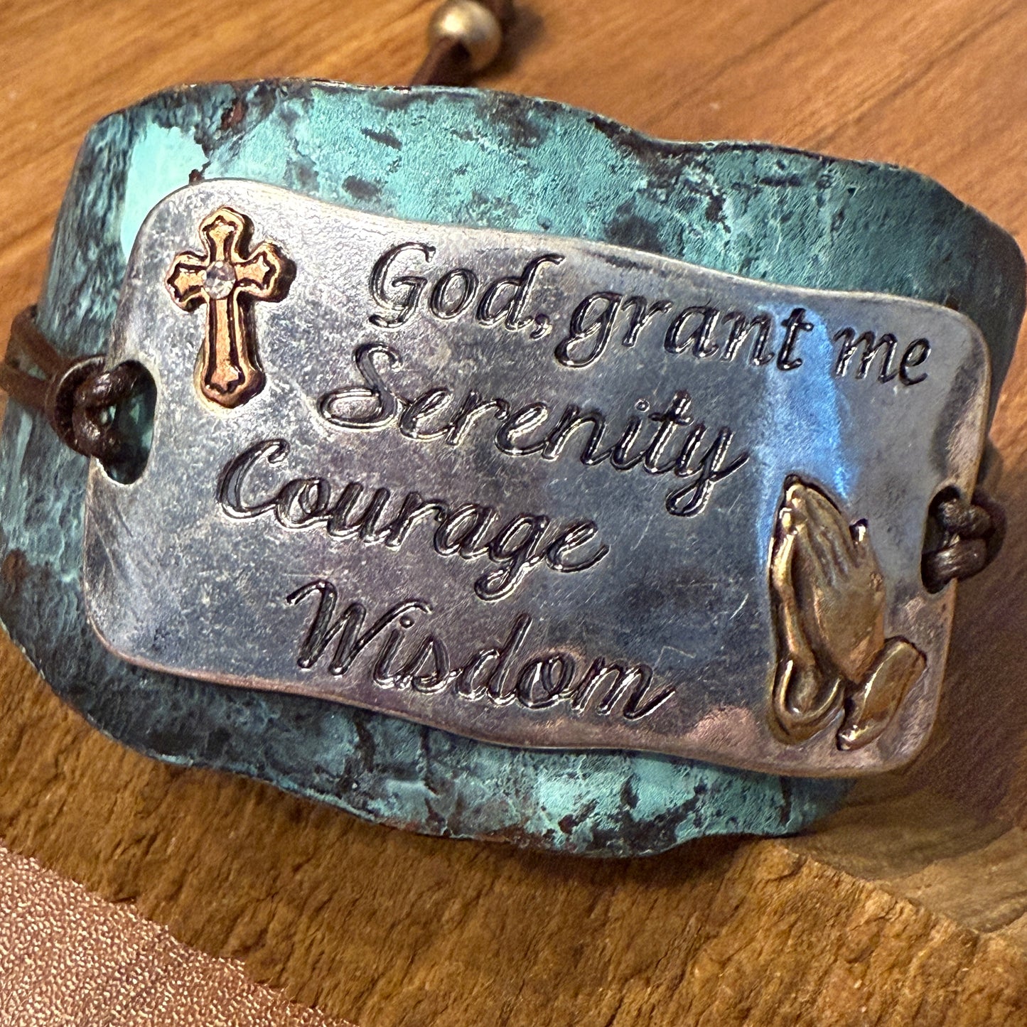 Serenity Prayer Bracelet Cuff in Patina with Copper Cross and Gold Praying Gesture on Silver Plate Leather Adjustable