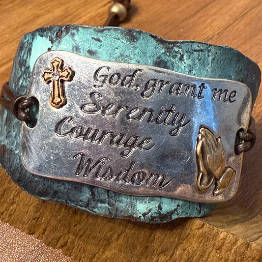 Serenity Prayer Bracelet Cuff in Patina with Copper Cross and Gold Praying Gesture on Silver Plate Leather Adjustable