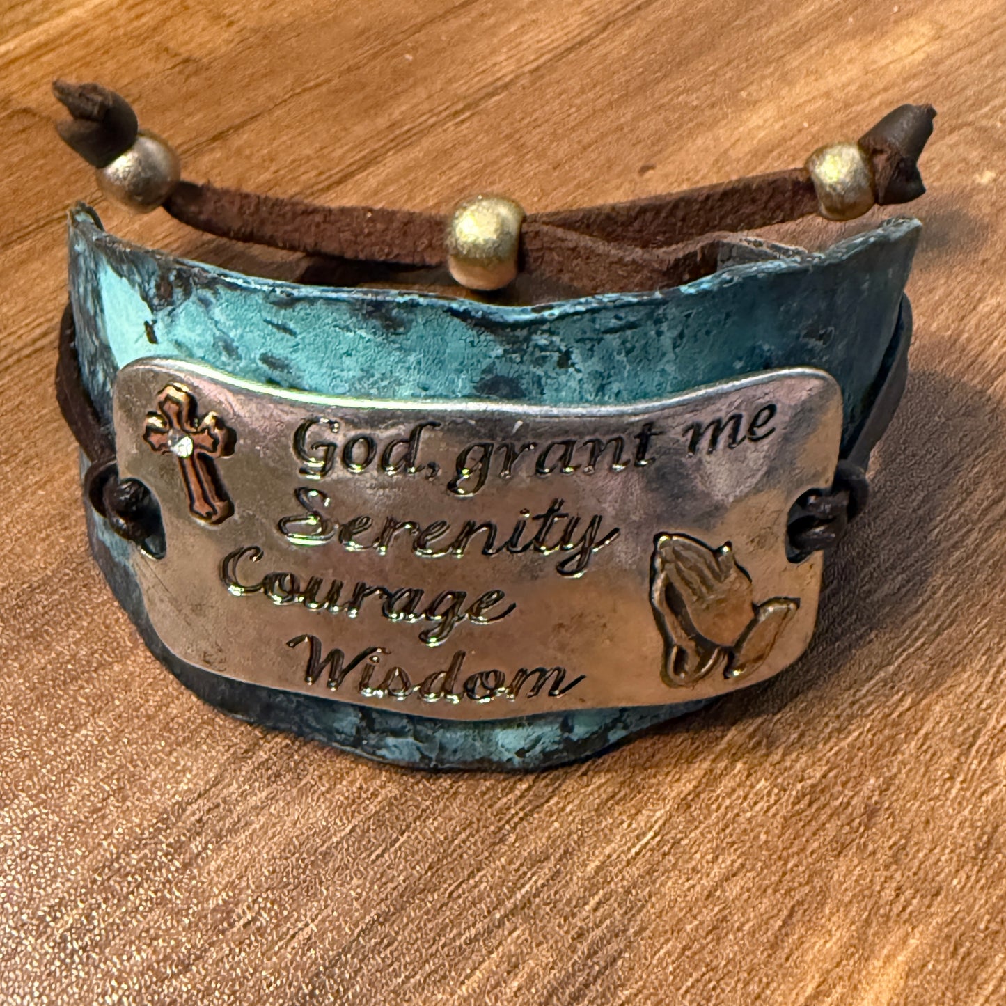Serenity Prayer Bracelet Cuff in Patina with Copper Cross and Gold Praying Gesture on Silver Plate Leather Adjustable