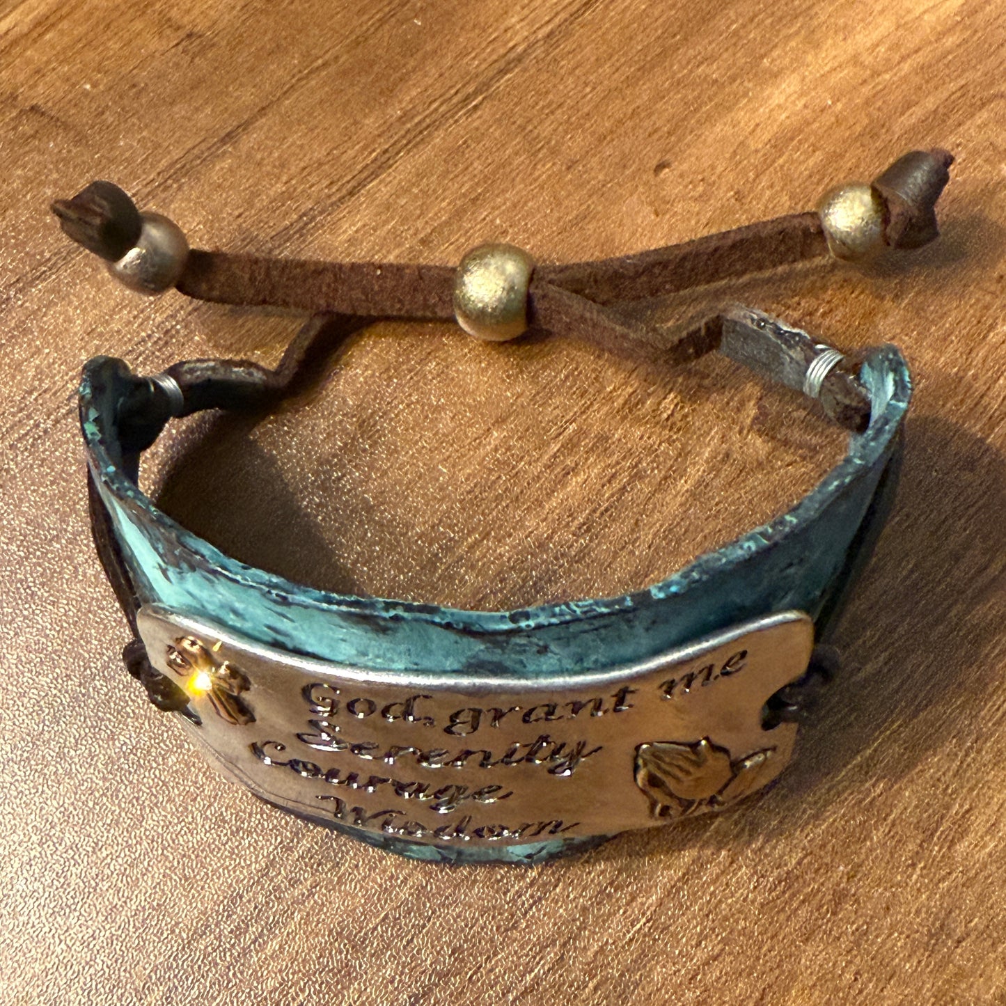 Serenity Prayer Bracelet Cuff in Patina with Copper Cross and Gold Praying Gesture on Silver Plate Leather Adjustable