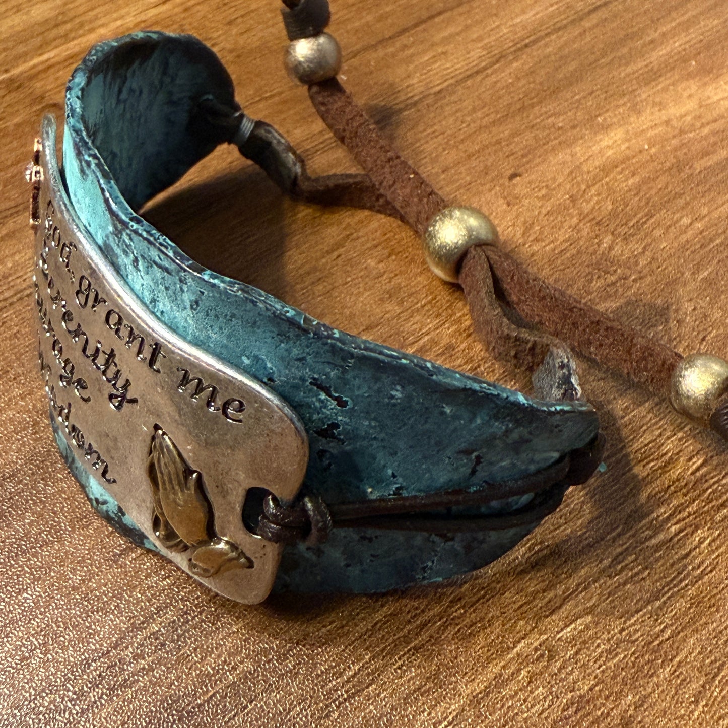 Serenity Prayer Bracelet Cuff in Patina with Copper Cross and Gold Praying Gesture on Silver Plate Leather Adjustable