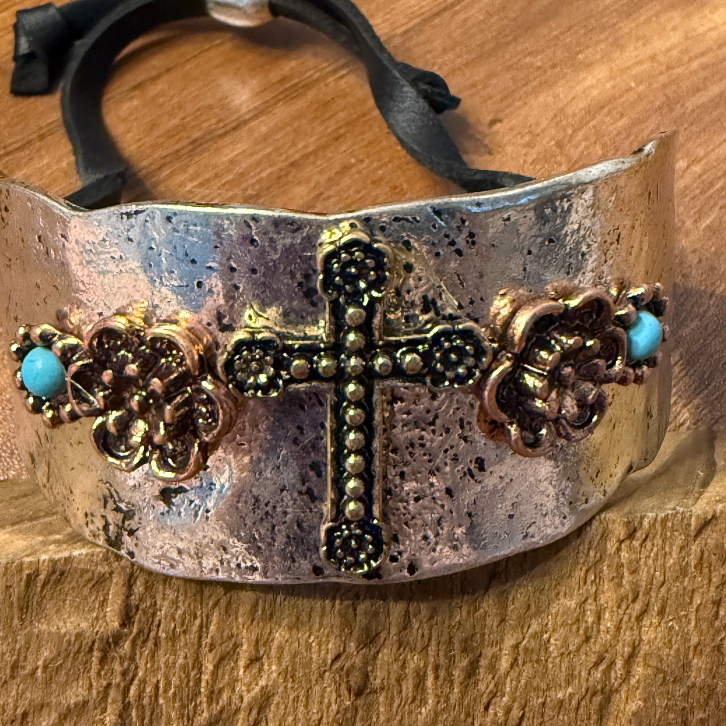 Cross Flower Turquoise Stone Western Bracelet Cuff Silver Adjustable Leather Strap