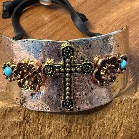 Cross Flower Turquoise Stone Western Bracelet Cuff Silver Adjustable Leather Strap