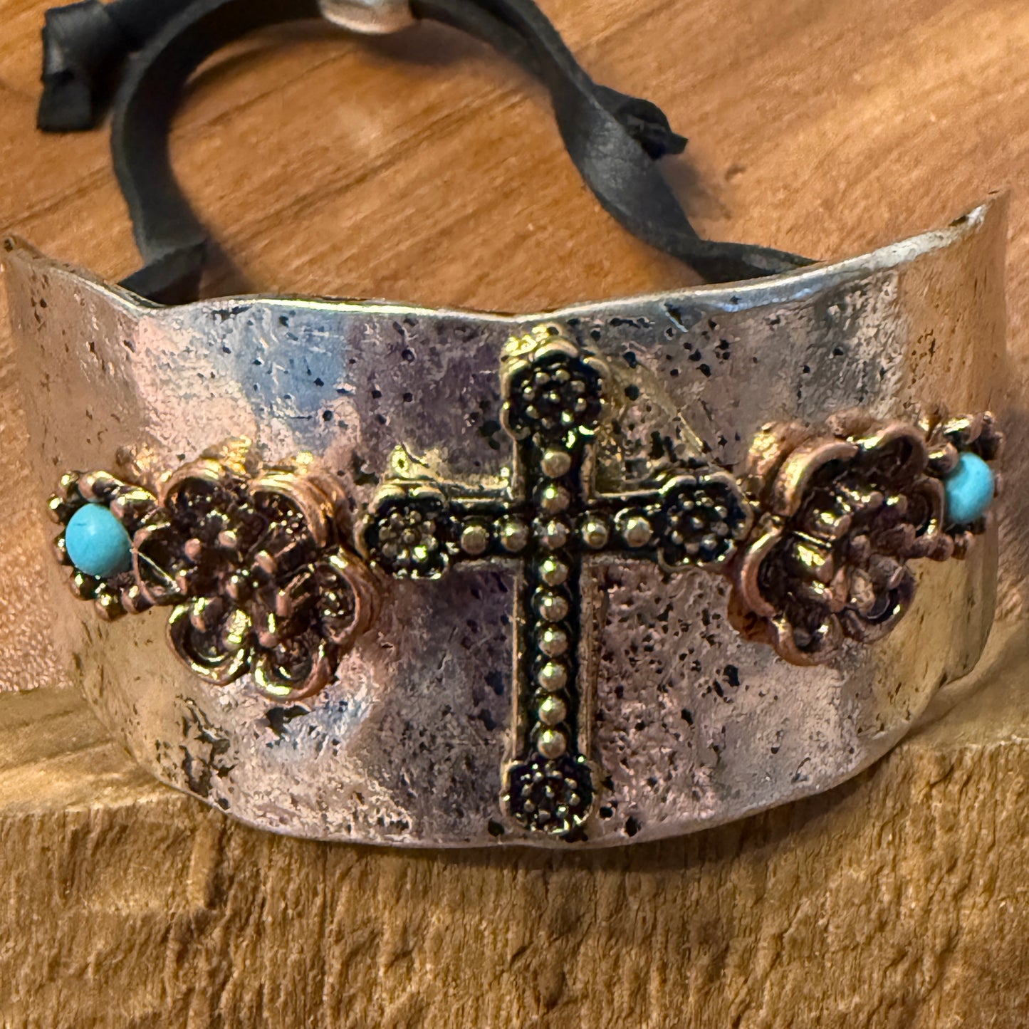 Cross Flower Turquoise Stone Western Bracelet Cuff Silver Adjustable Leather Strap