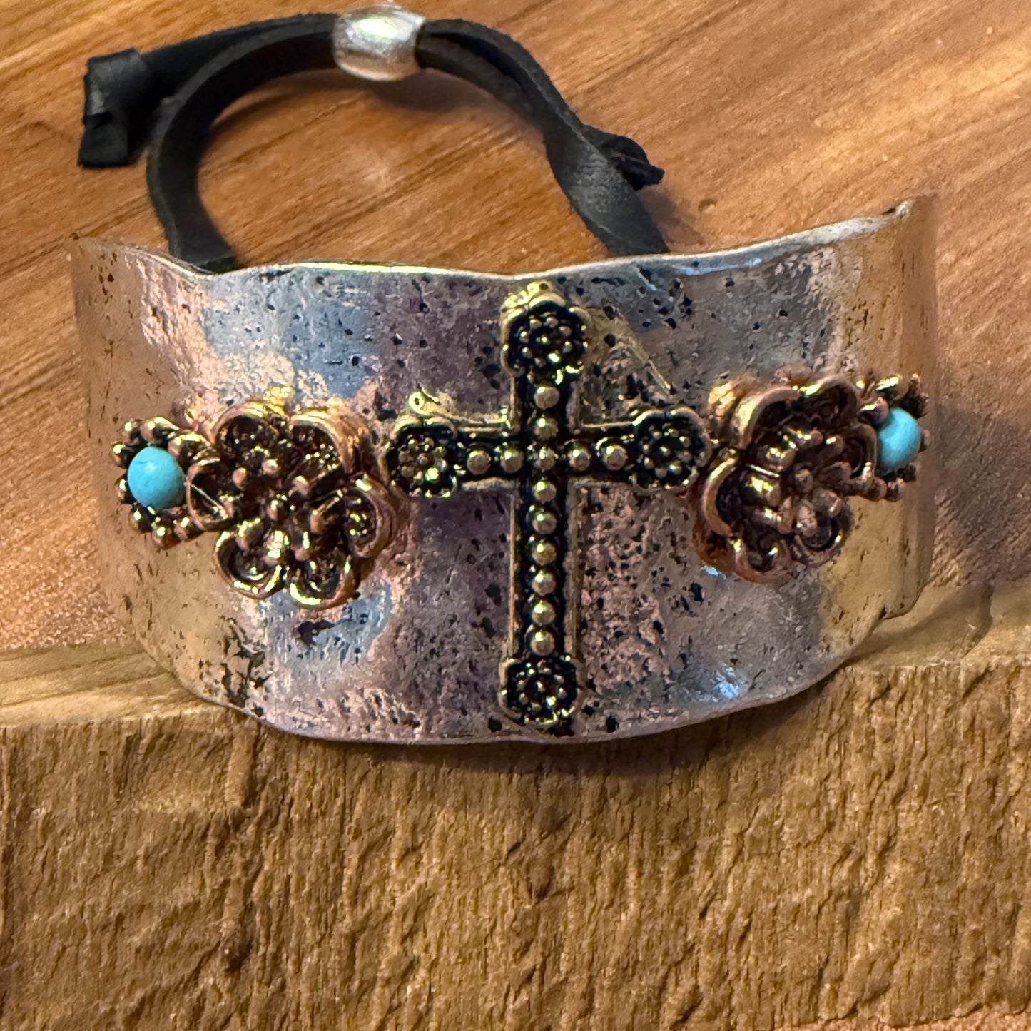 Cross Flower Turquoise Stone Western Bracelet Cuff Silver Adjustable Leather Strap
