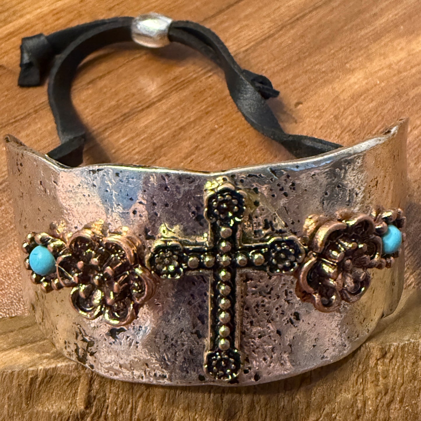 Cross Flower Turquoise Stone Western Bracelet Cuff Silver Adjustable Leather Strap