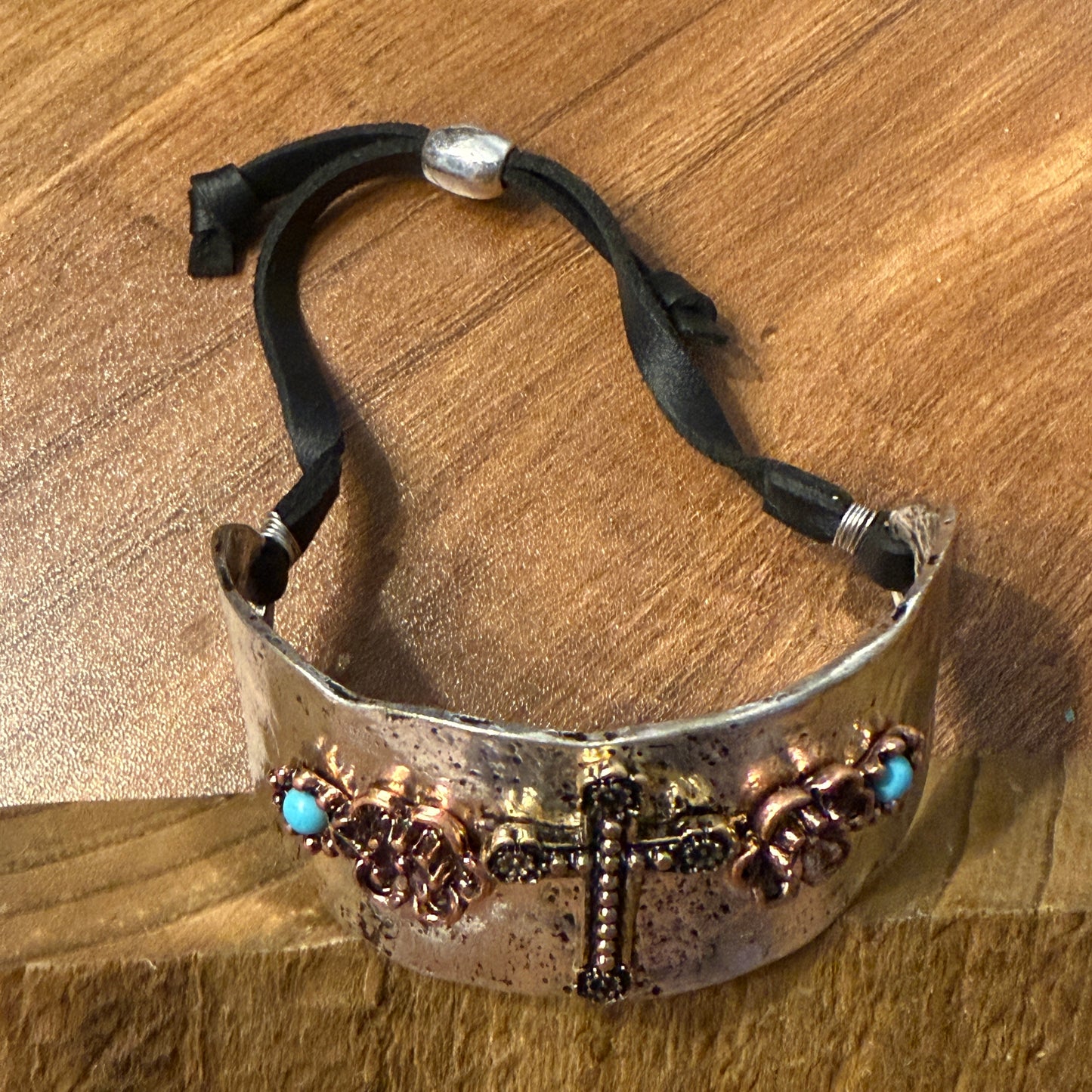 Cross Flower Turquoise Stone Western Bracelet Cuff Silver Adjustable Leather Strap