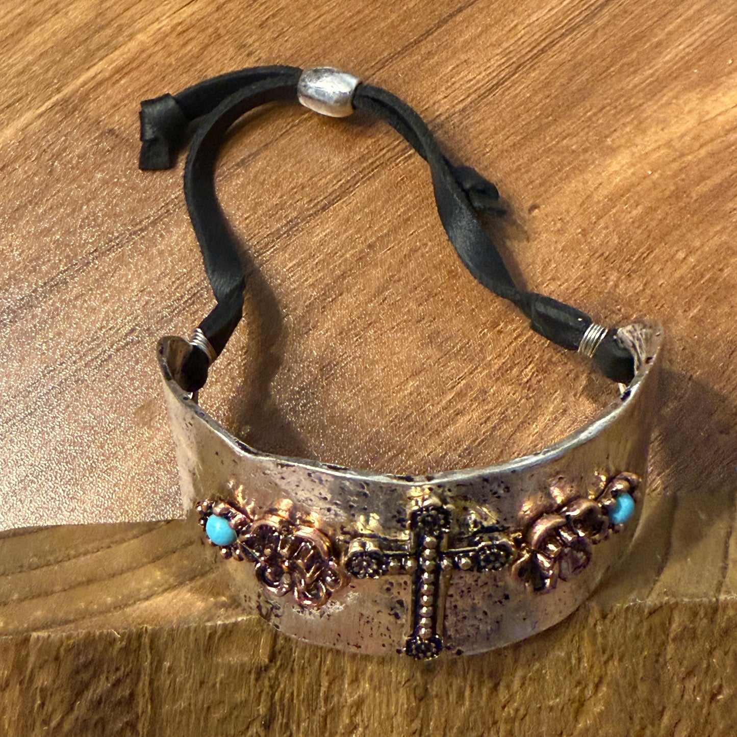 Cross Flower Turquoise Stone Western Bracelet Cuff Silver Adjustable Leather Strap