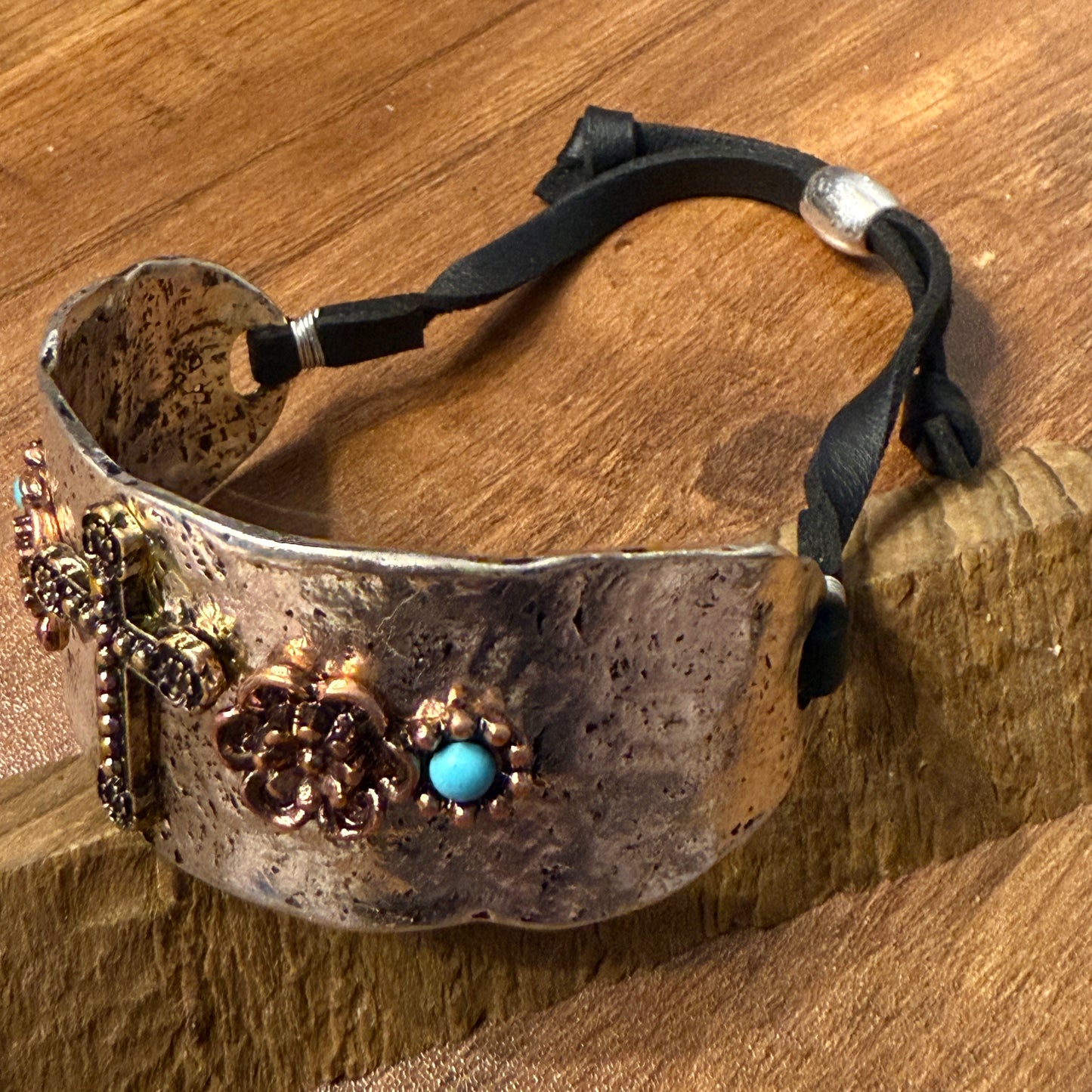 Cross Flower Turquoise Stone Western Bracelet Cuff Silver Adjustable Leather Strap