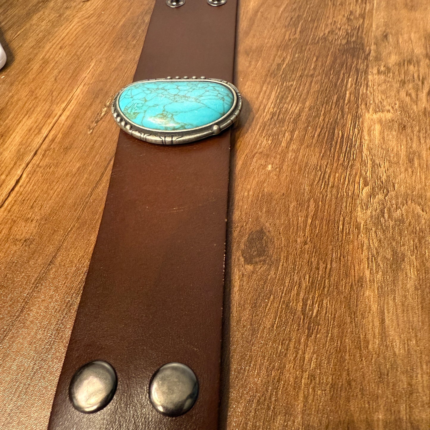 Turquoise Stone Dark Brown Leather Cuff Bracelet Handcrafted Boho Style For Everyday Wear