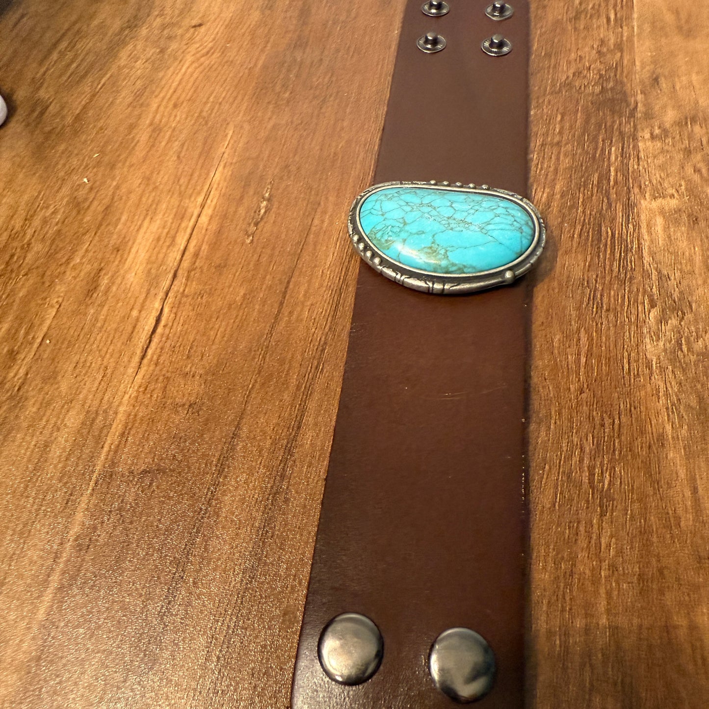 Turquoise Stone Dark Brown Leather Cuff Bracelet Handcrafted Boho Style For Everyday Wear