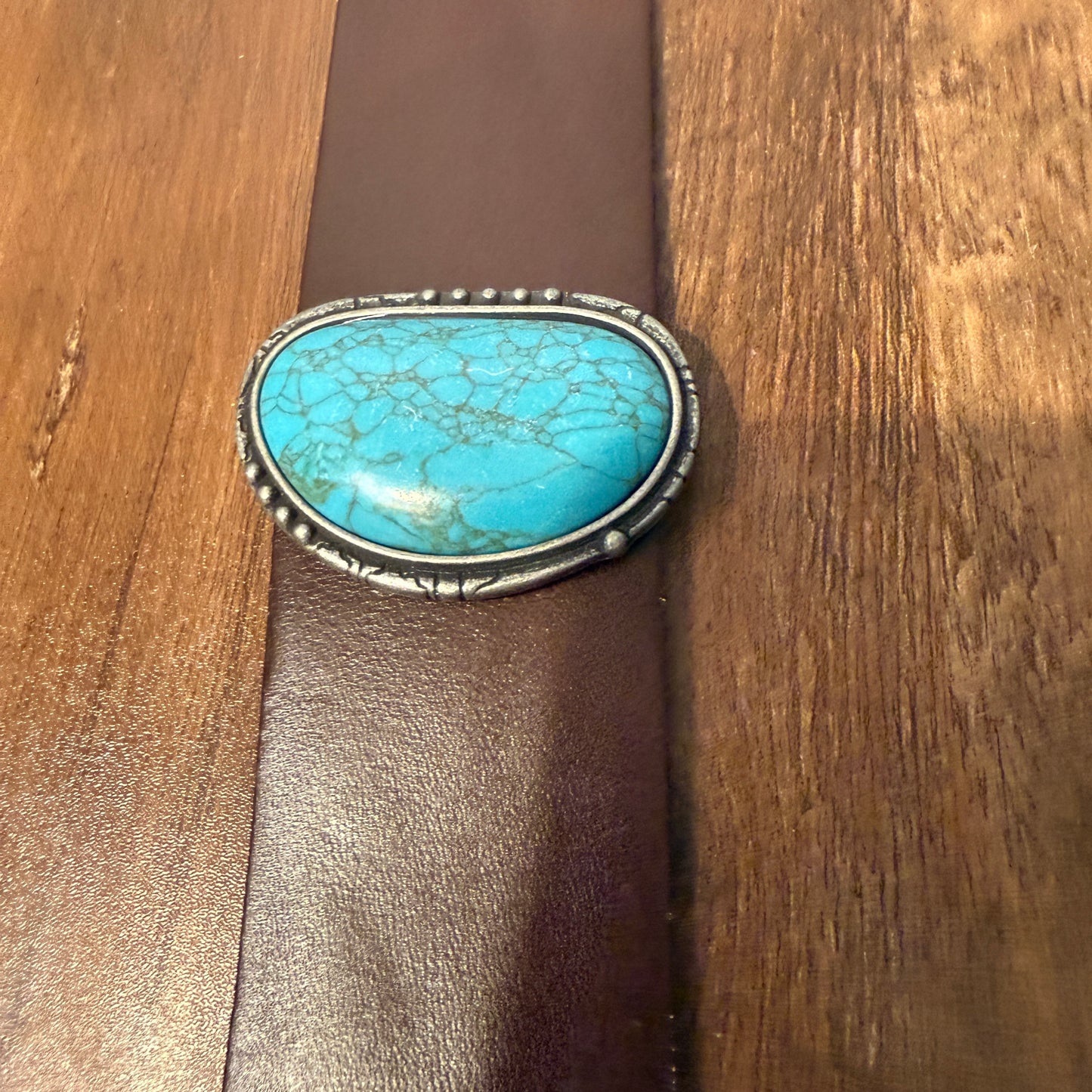 Turquoise Stone Dark Brown Leather Cuff Bracelet Handcrafted Boho Style For Everyday Wear