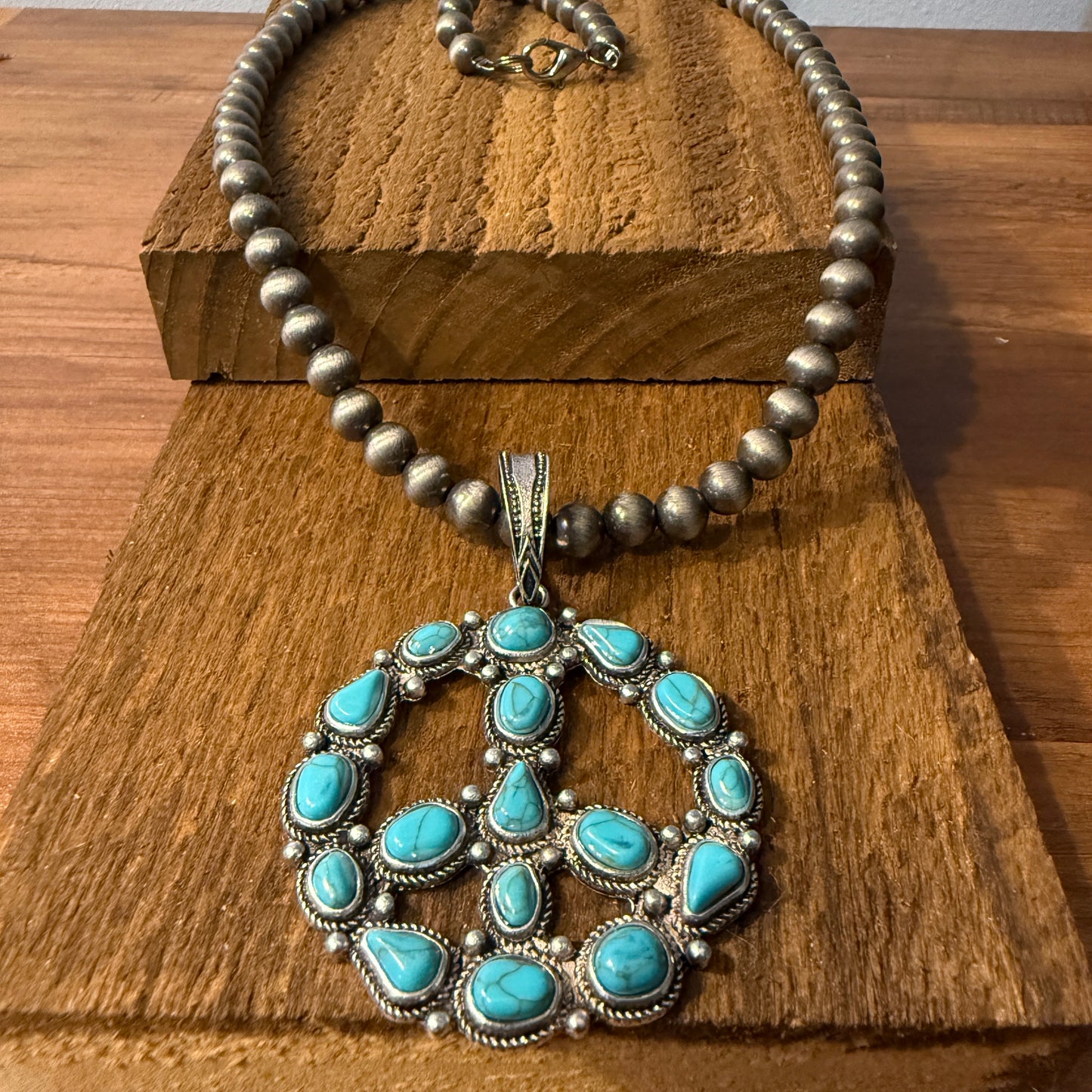 Navajo Pearl Bead Necklace With Natural Blue Turquoise Peace Sign Pendant