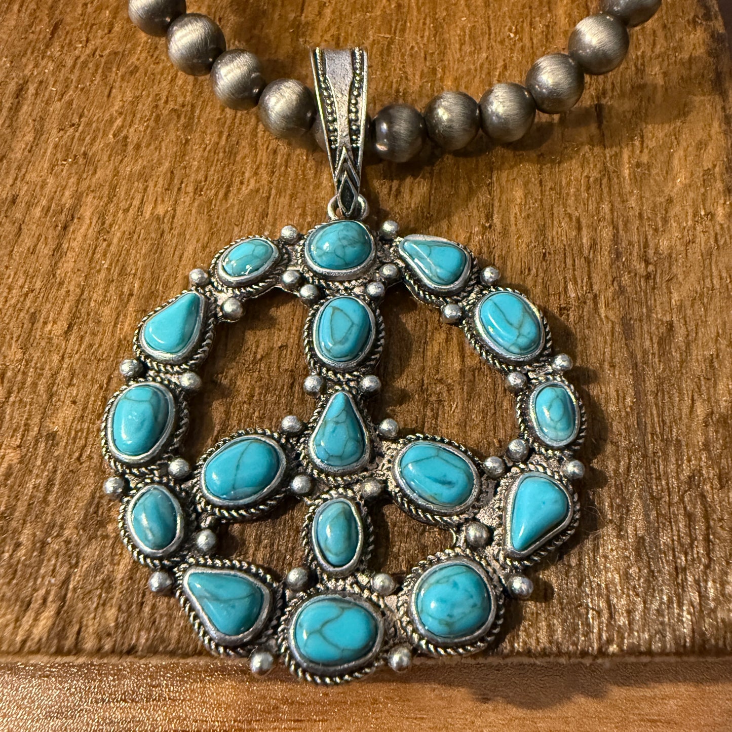 Navajo Pearl Bead Necklace With Natural Blue Turquoise Peace Sign Pendant