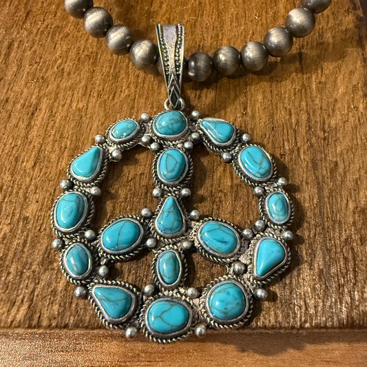 Navajo Style Pearl Bead Necklace With Blue Turquoise Peace Sign Pendant