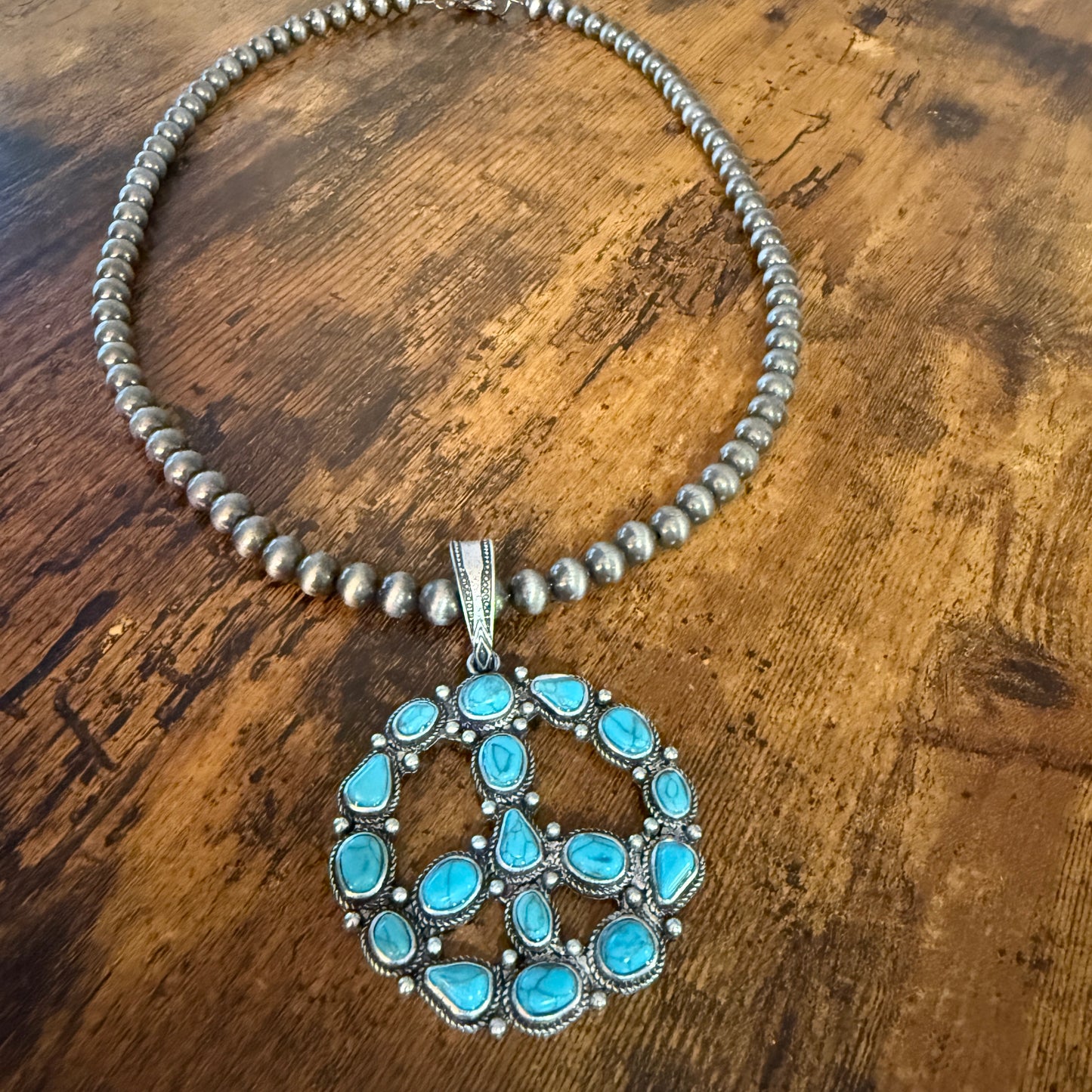 Navajo Pearl Bead Necklace With Natural Blue Turquoise Peace Sign Pendant