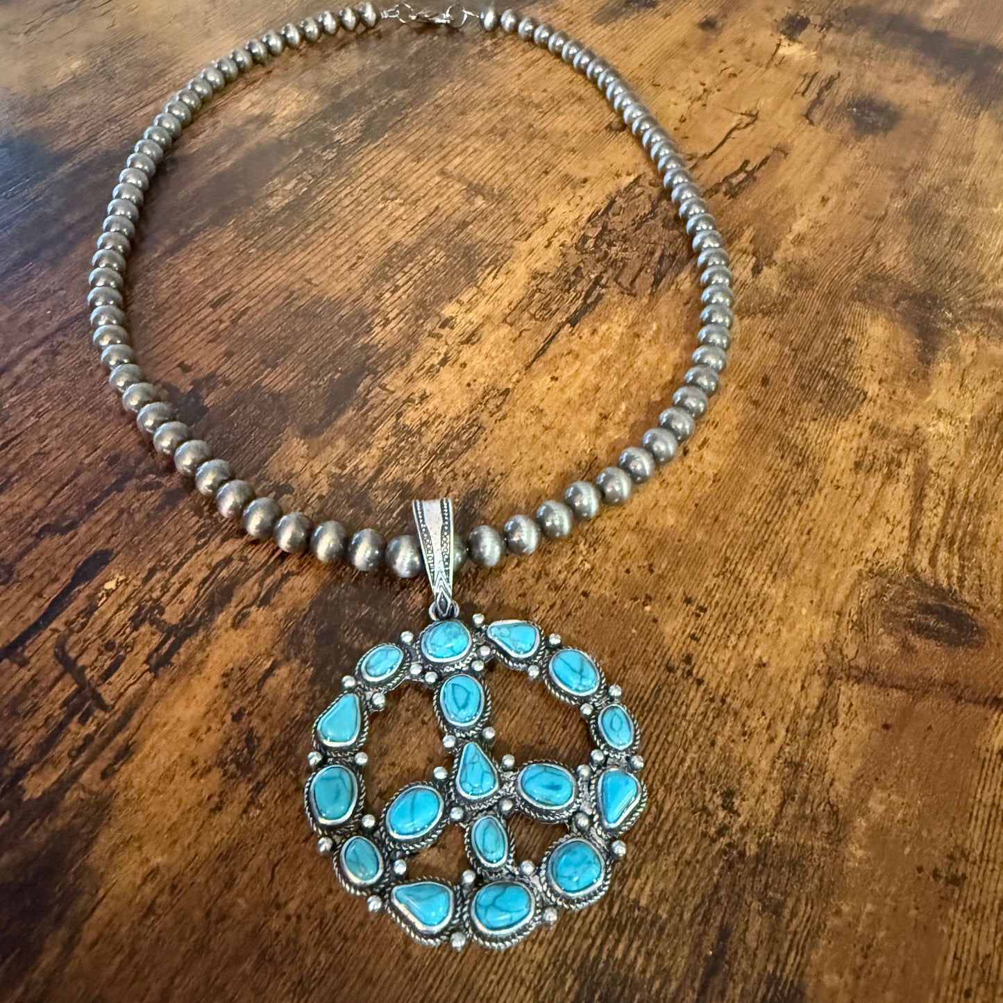 Navajo Pearl Bead Necklace With Natural Blue Turquoise Peace Sign Pendant