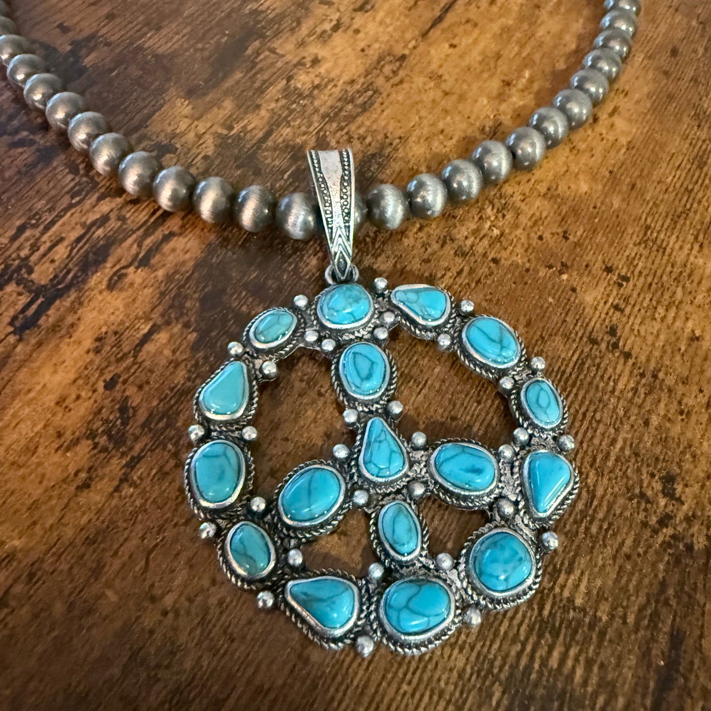 Navajo Pearl Bead Necklace With Natural Blue Turquoise Peace Sign Pendant