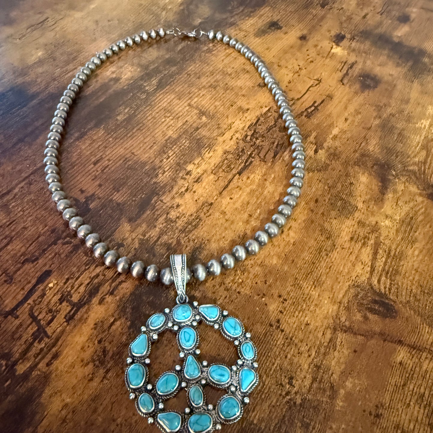 Navajo Pearl Bead Necklace With Natural Blue Turquoise Peace Sign Pendant