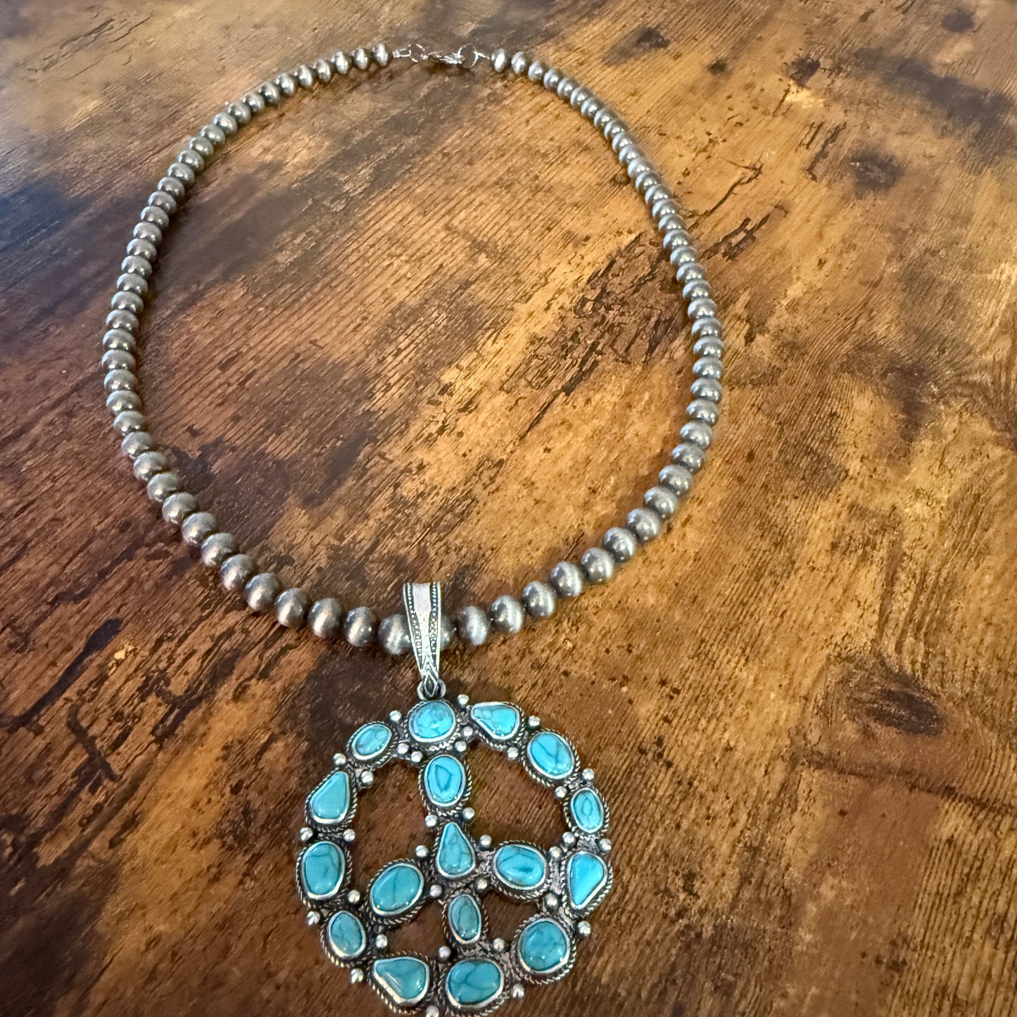 Navajo Pearl Bead Necklace With Natural Blue Turquoise Peace Sign Pendant