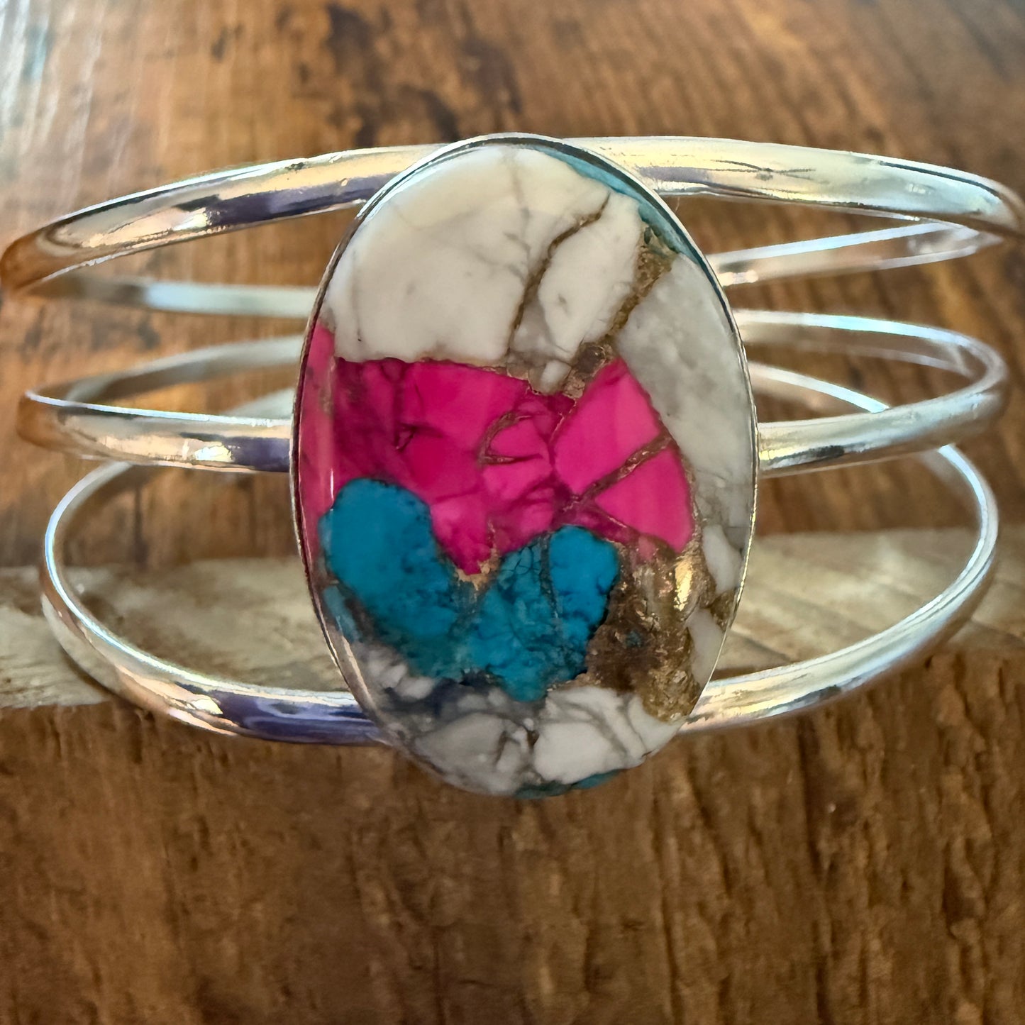 Cotton Candy Turquoise Dalhia 925 Sterling Silver Adjustable Wide Cuff Bangle Gemstone