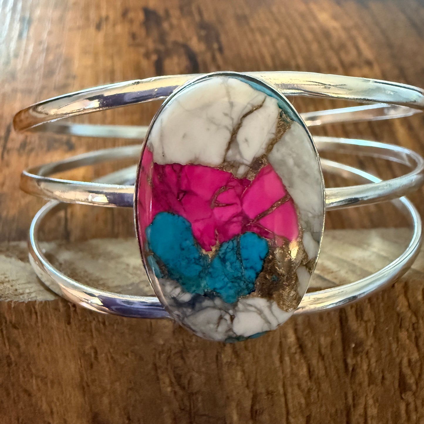 Cotton Candy Turquoise Dalhia 925 Sterling Silver Adjustable Wide Cuff Bangle Gemstone