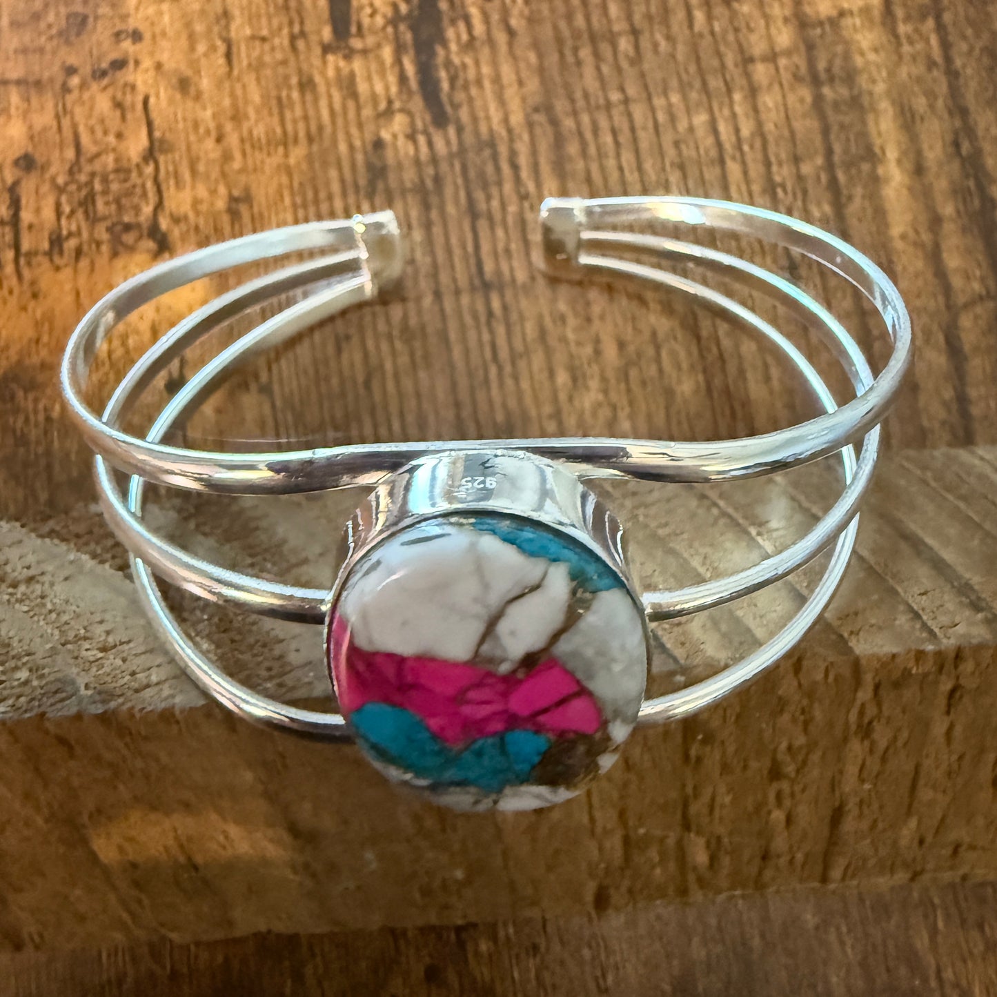 Cotton Candy Turquoise Dalhia 925 Sterling Silver Adjustable Wide Cuff Bangle Gemstone