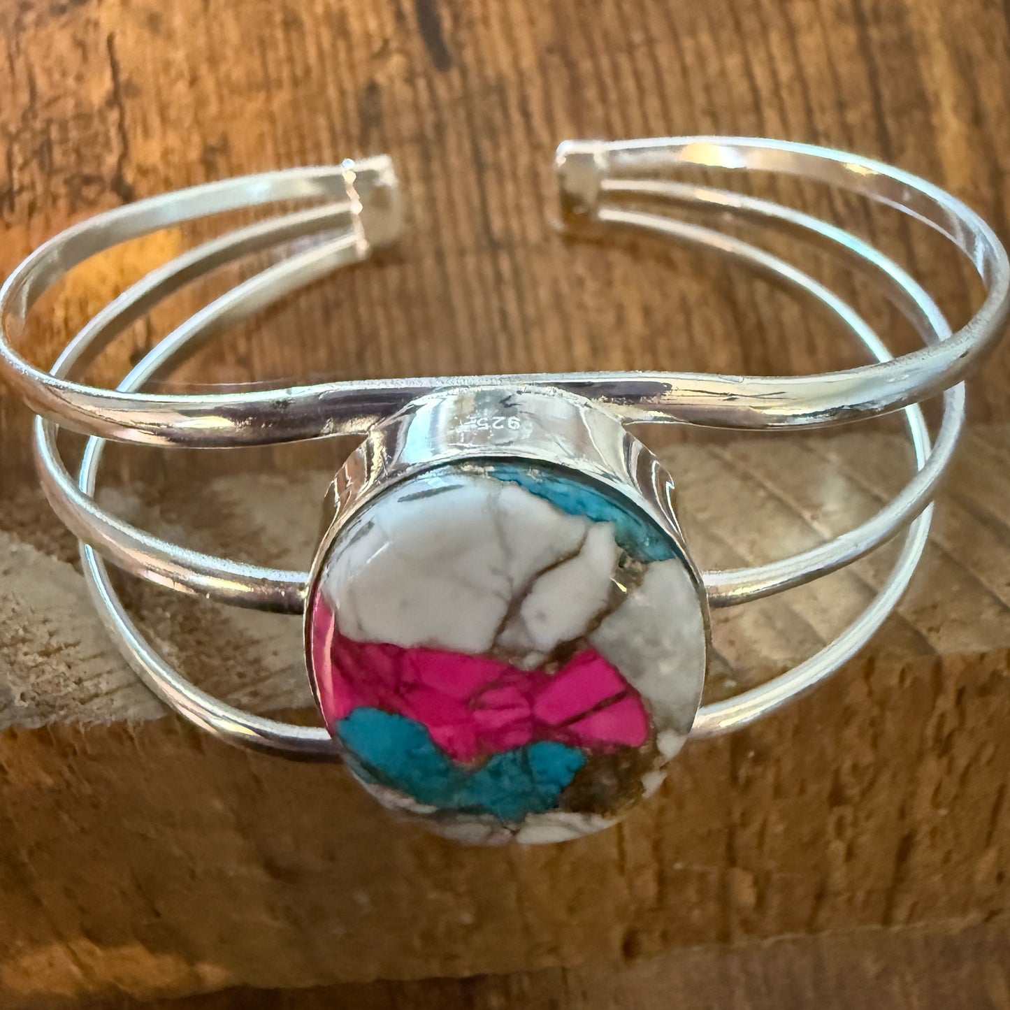 Cotton Candy Turquoise Dalhia 925 Sterling Silver Adjustable Wide Cuff Bangle Gemstone