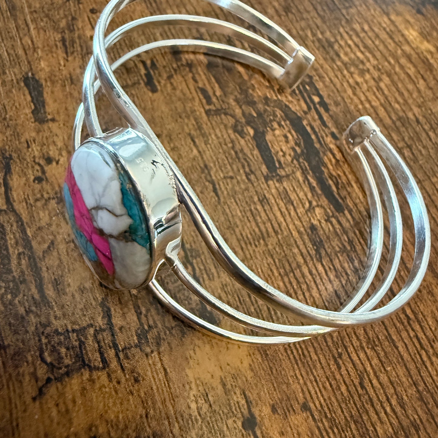 Cotton Candy Turquoise Dalhia 925 Sterling Silver Adjustable Wide Cuff Bangle Gemstone