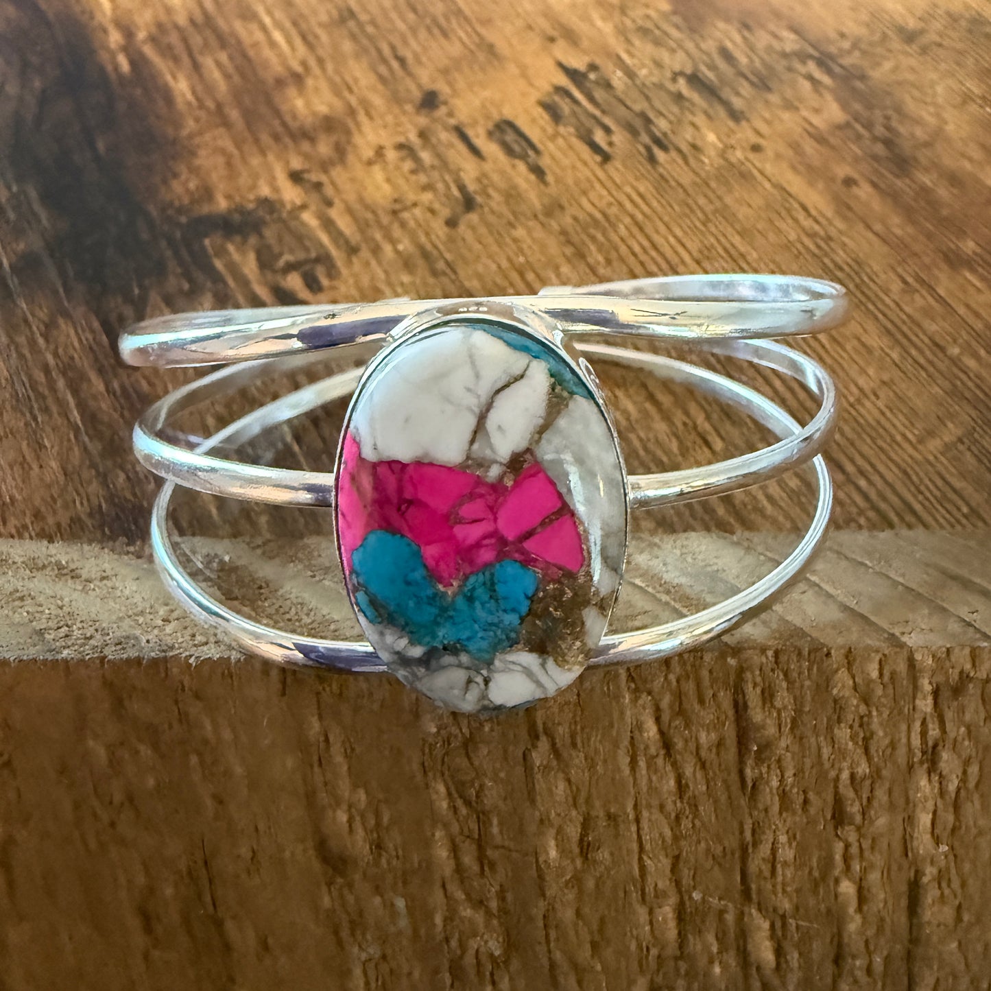 Cotton Candy Turquoise Dalhia 925 Sterling Silver Adjustable Wide Cuff Bangle Gemstone