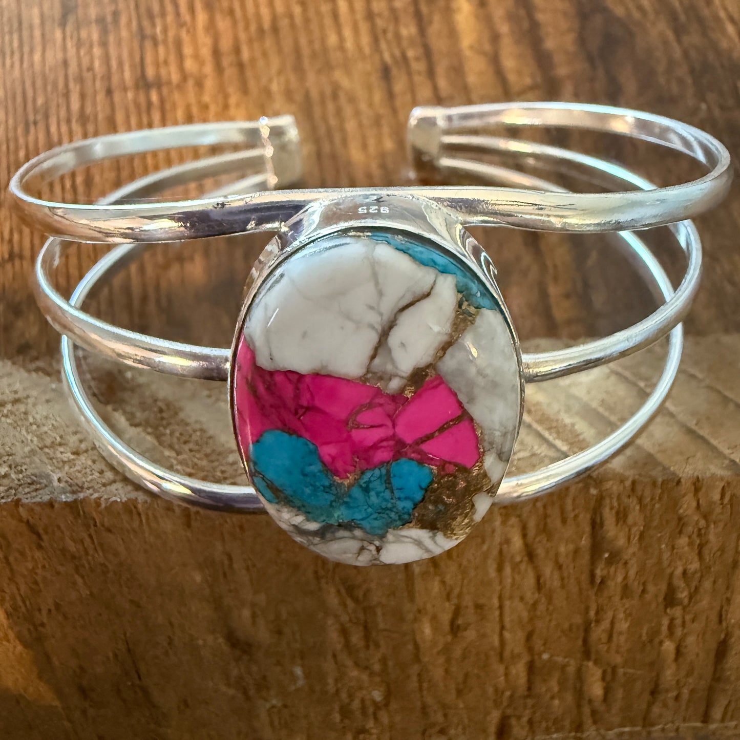 Cotton Candy Turquoise Dalhia 925 Sterling Silver Adjustable Wide Cuff Bangle Gemstone