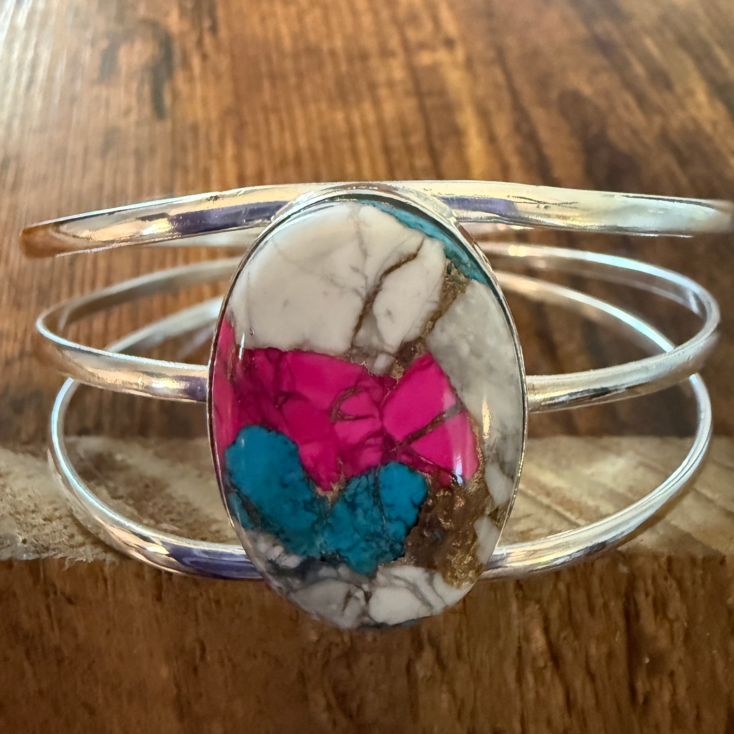 Cotton Candy Turquoise Dalhia 925 Sterling Silver Adjustable Wide Cuff Bangle Gemstone