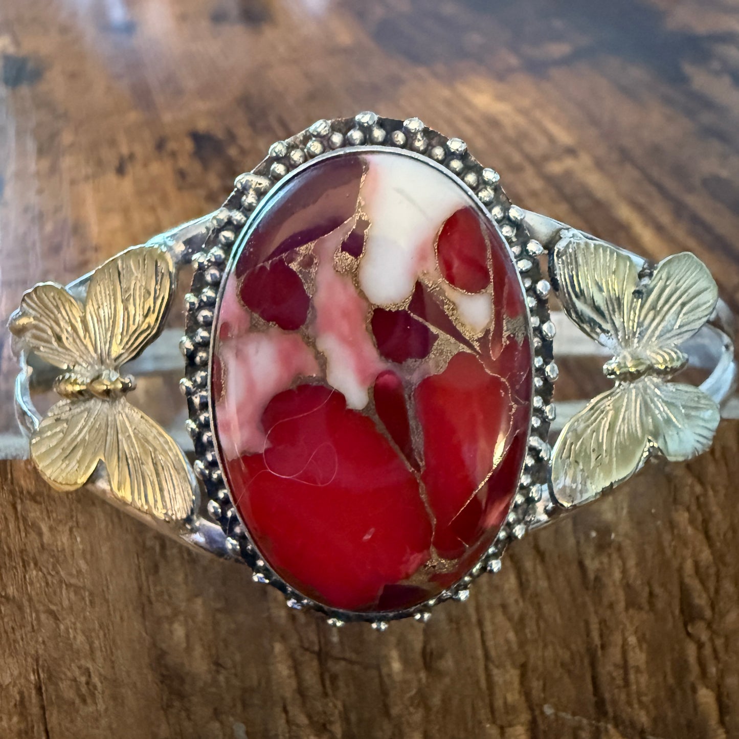 Pink Rose Dalhia Butterfly 925 Sterling Silver Adjustable Gemstone Bangle