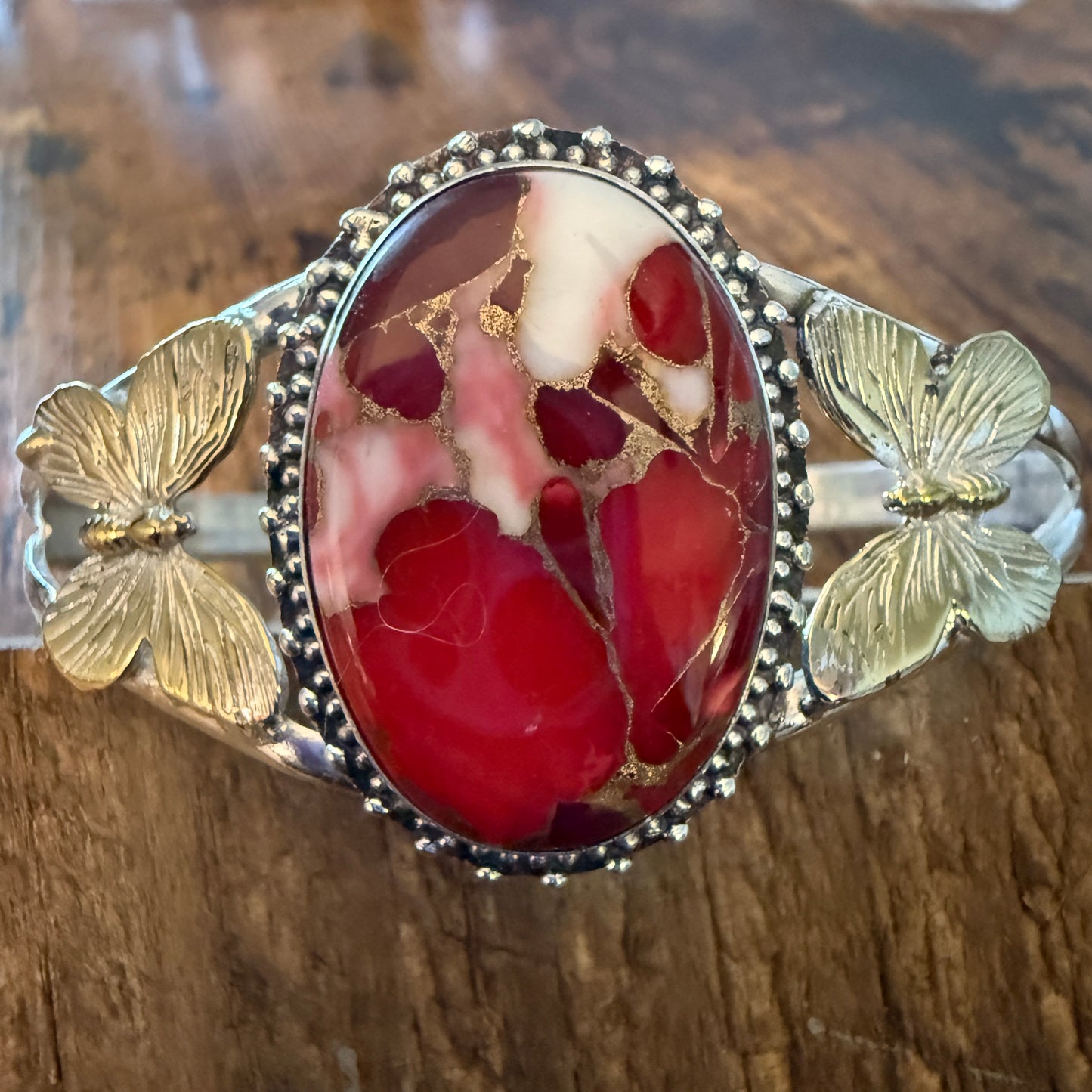 Pink Rose Dalhia Butterfly 925 Sterling Silver Adjustable Gemstone Bangle