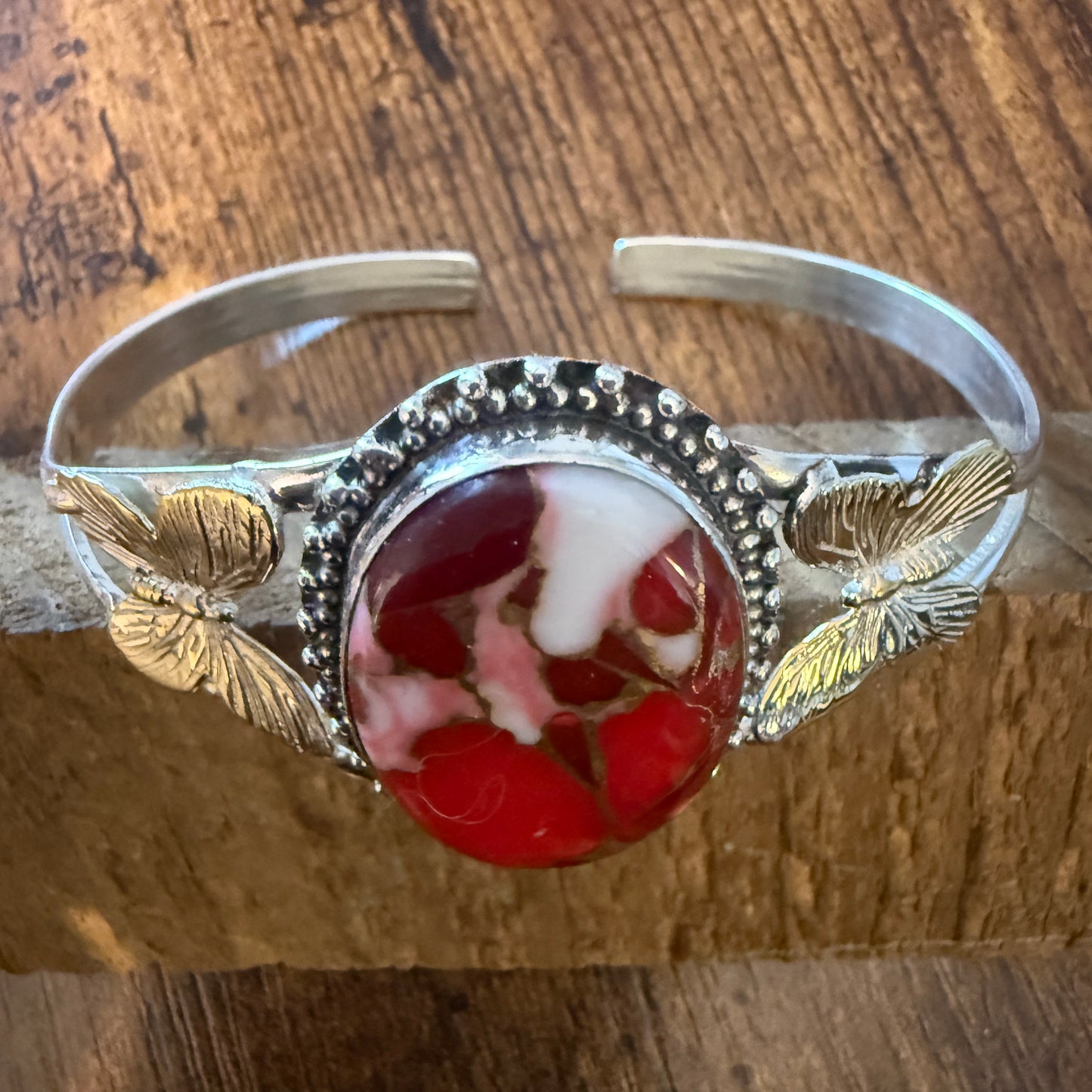 Pink Rose Dalhia Butterfly 925 Sterling Silver Adjustable Gemstone Bangle