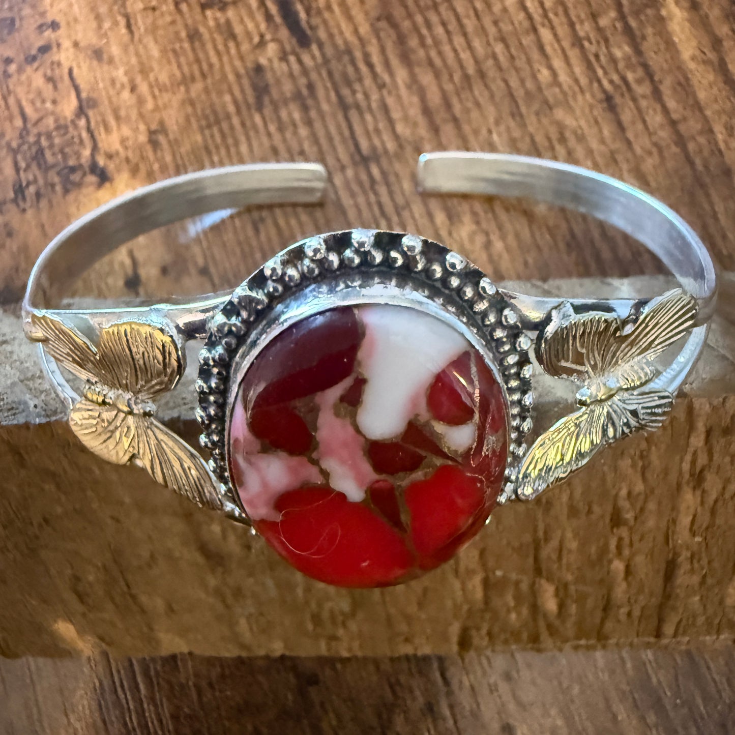 Pink Rose Dalhia Butterfly 925 Sterling Silver Adjustable Gemstone Bangle