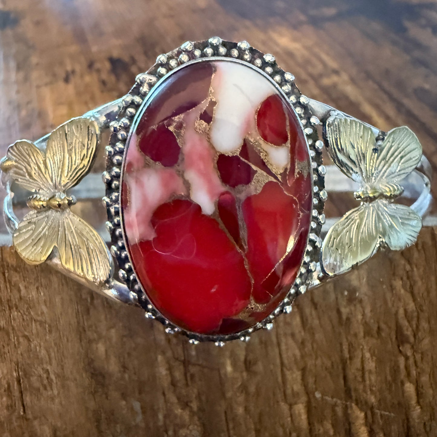 Pink Rose Dalhia Butterfly 925 Sterling Silver Adjustable Gemstone Bangle