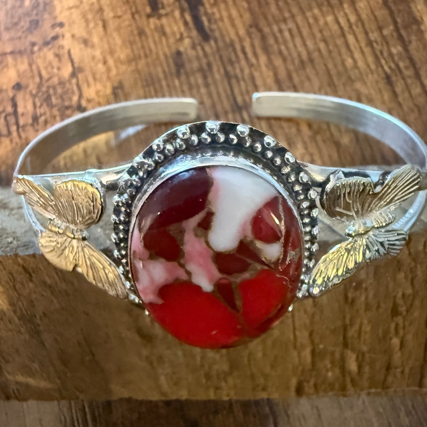 Pink Rose Dalhia Butterfly 925 Sterling Silver Adjustable Gemstone Bangle