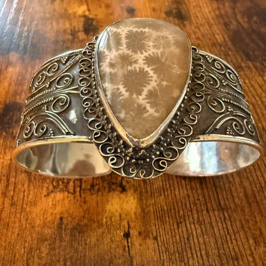 Natural Fossil Coral Gemstone Cuff Sterling Silver Adjustable Vintage Jewelry